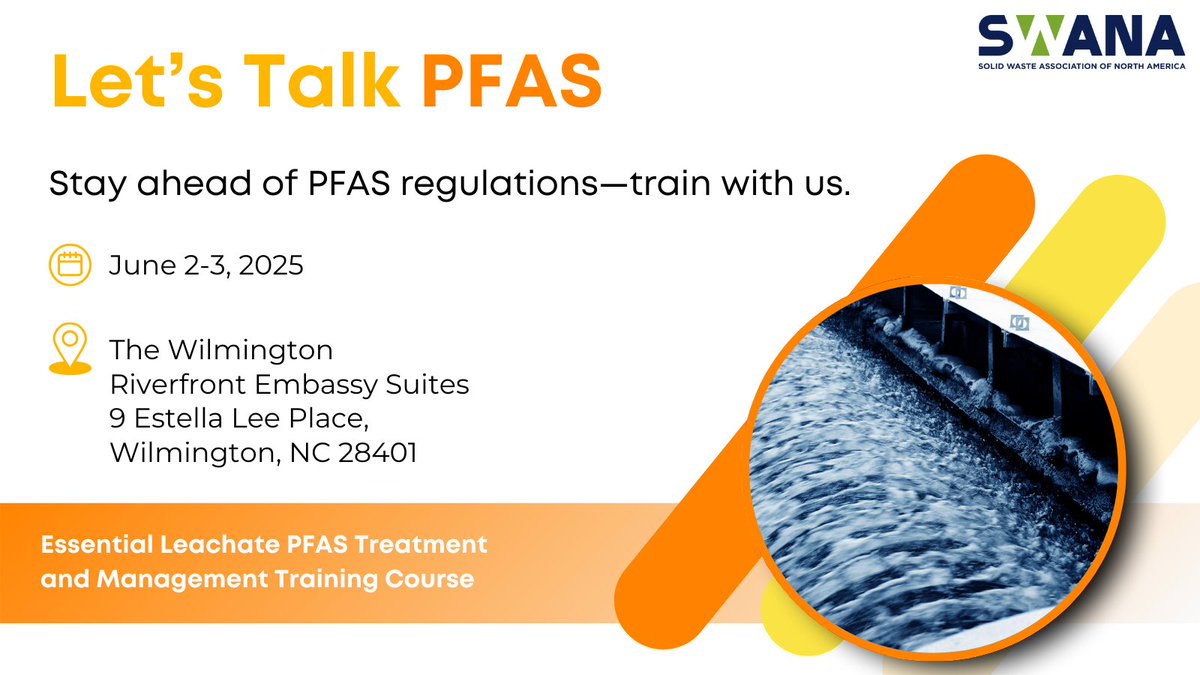 SWANA's tweet image. 🧪 Landfill pros: Ready to tackle #PFAS?
Join us June 2–3 in Wilmington, NC for hands-on training in leachate PFAS treatment &amp;amp; management.

✅ Tech options
✅ Regulatory updates
✅ On-site strategies

🔗 Register now: bit.ly/3HkHW1N

#SWANA #Leachate #Training #Landfill