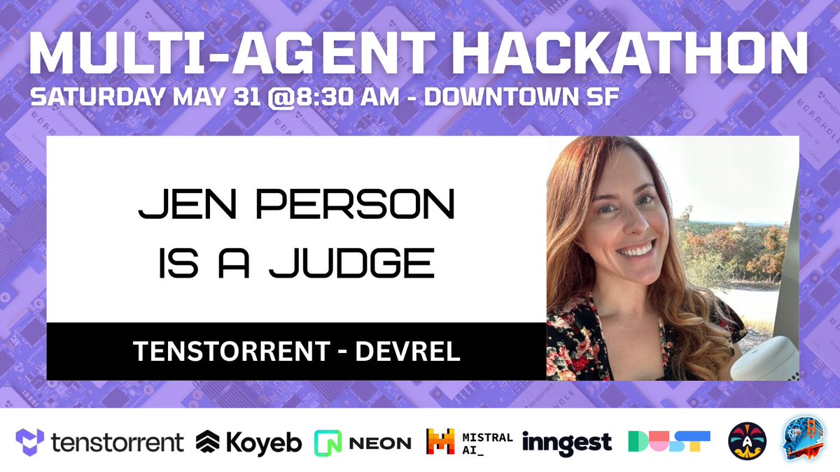 Yann Leger (@yann_eu) on Twitter photo 📣 Next week is our Multi-Agent Multi-Modal Hackathon, and we've got an incredible panel of judges! Meet our first judge: <a href="/ThatJenPerson/">Jen Person</a>, Staff Developer Relations at <a href="/tenstorrent/">Tenstorrent</a> ⬇️ 📣 Next week is our Multi-Agent Multi-Modal Hackathon, and we've got an incredible panel of judges! Meet our first judge: <a href="/ThatJenPerson/">Jen Person</a>, Staff Developer Relations at <a href="/tenstorrent/">Tenstorrent</a> ⬇️