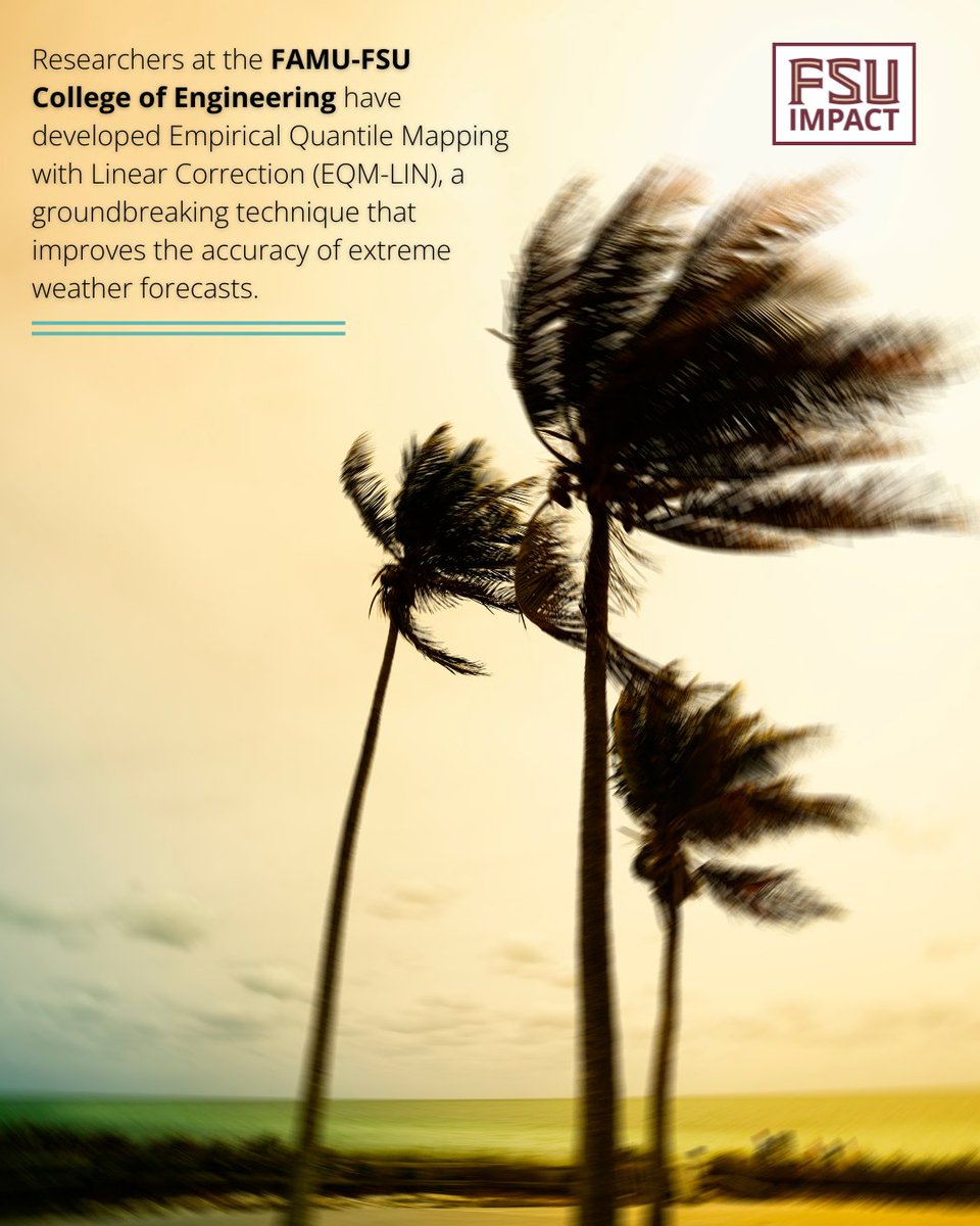 Florida State University (@floridastate) on Twitter photo Researchers at the <a href="/FAMUFSUCOE/">FAMU-FSU Engineering</a> have developed a technique to boost the accuracy of extreme weather forecasts known as Empirical Quantile Mapping with Linear Correction, or EQM-LIN. Initially focused in South Florida, this research is expanding statewide to help identify Researchers at the <a href="/FAMUFSUCOE/">FAMU-FSU Engineering</a> have developed a technique to boost the accuracy of extreme weather forecasts known as Empirical Quantile Mapping with Linear Correction, or EQM-LIN. Initially focused in South Florida, this research is expanding statewide to help identify