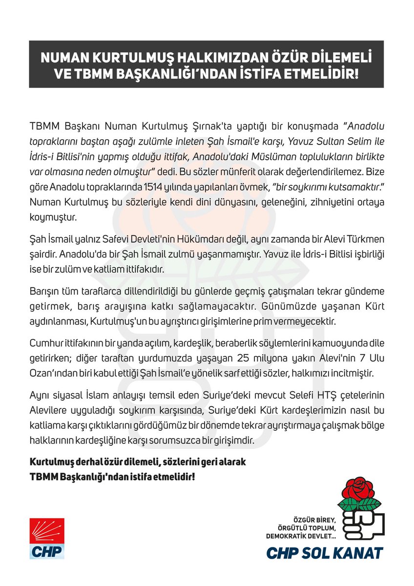 Numan Kurtulmuş Halkımızdan Özür Dilemeli ve TBMM Başkanlığı’ndan İstifa Etmelidir!
#CHPSolKanat