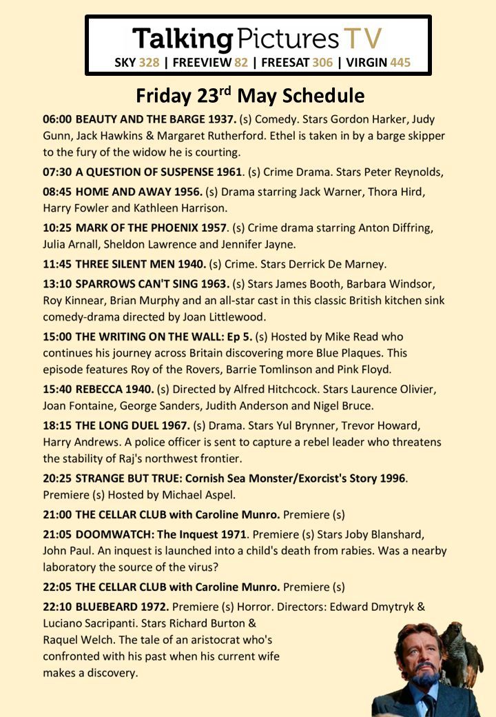 Schedule for tomorrow, Friday 23rd May on #TalkingPicturesTV