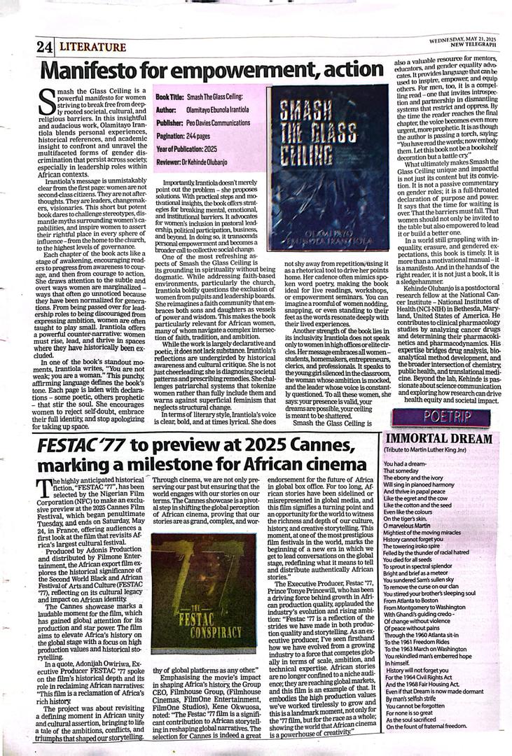 Review of Smash the Glass Ceiling by Dr  Kehinde Olubanjo in new Telegraph Newspaper.

Don't forget to order via the link below. We give discounted prices for bulk purchases.

newtelegraphng.com/manifesto-for-…

paystack.com/buy/smash-the-…