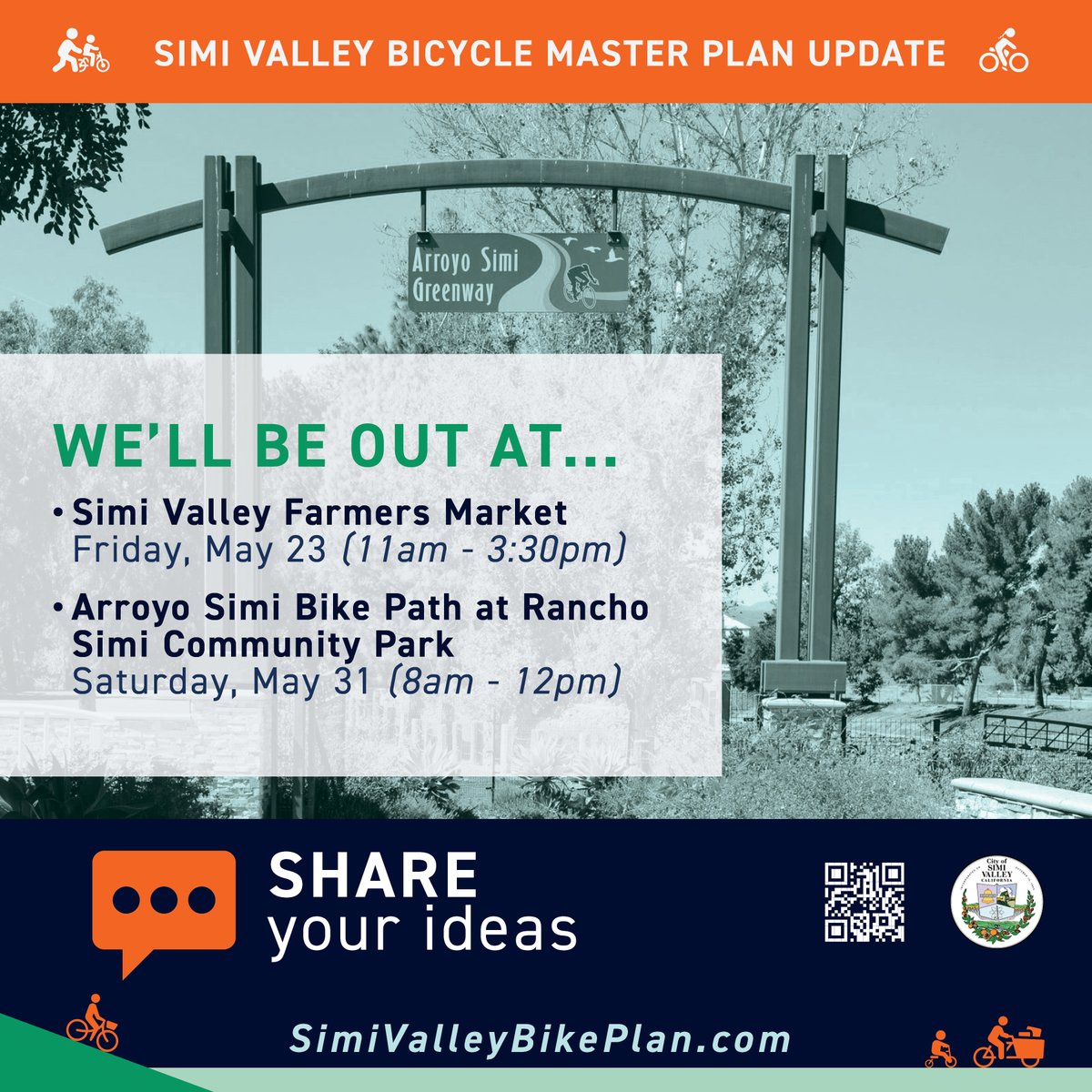 🚲 Your ideas are wanted - stop by our pop-up &amp; tell us how we can improve biking in Simi Valley.  Simi Valley Farmers Market on 5/23 from 11-3:30 or Arroyo Simi Greenway at Erringer Rd on 5/31 from 8-12. If you can’t attend either, take the survey! 🗺️ arcg.is/LXr94