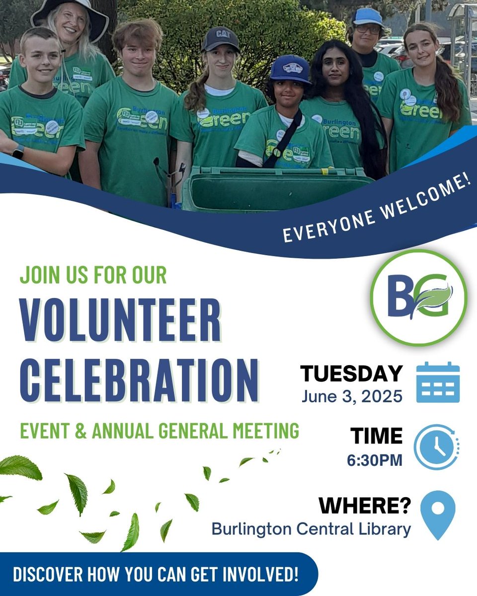 RSVP Today! Volunteer Celebration &amp; AGM

June 3rd, 6:30 pm
Burlington Central Library

🌎 Mark our tremendous impact in 2024
🙌 Celebrate our volunteers
👀 Learn how to get involved to make a difference together

Complimentary refreshments.

RSVP:
burlingtongreen.org/events/volunte…