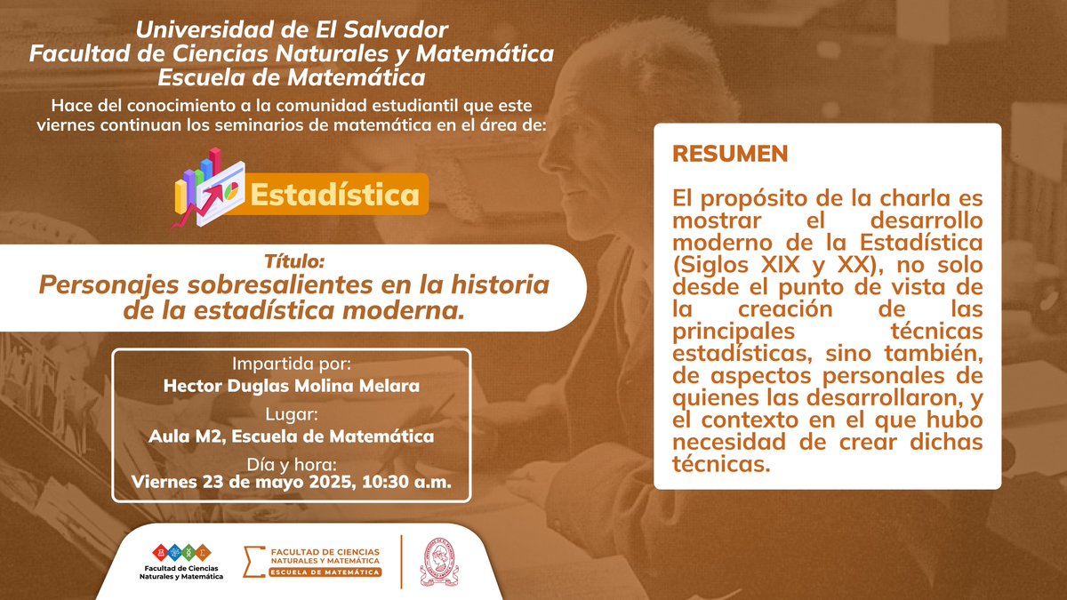 📌 Seminario de Estadística 📌
La Escuela de Matemática UES de la Facultad de Ciencias Naturales y Matemática invita a participar del seminario de Estadística a desarrollarse este viernes 23 de mayo.
