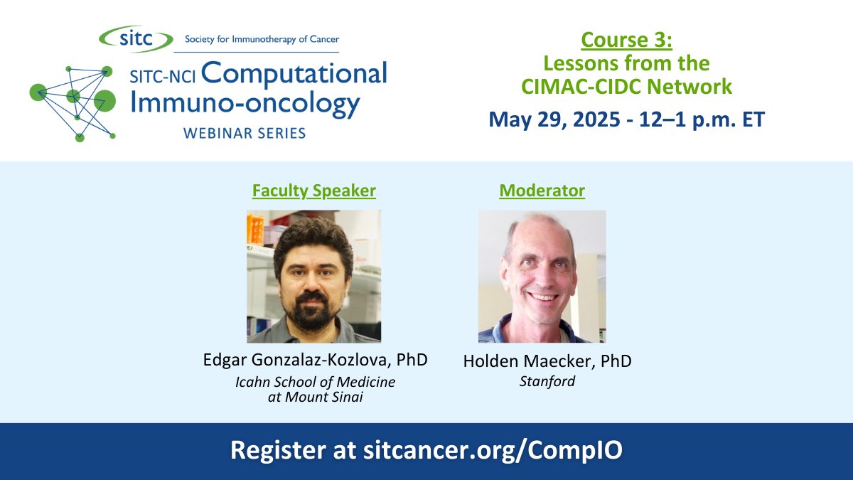 Explore how machine learning-driven modeling of #multimodal data can be used to profile #patient #heterogeneity &amp; analyze diverse #immunotherapy #treatments at Lessons from the CIMAC CIDC Network featuring Edgar Gonzalaz-Kozlova, PhD &amp; Holden Maecker, PhD. sitcancer.org/CompIO
