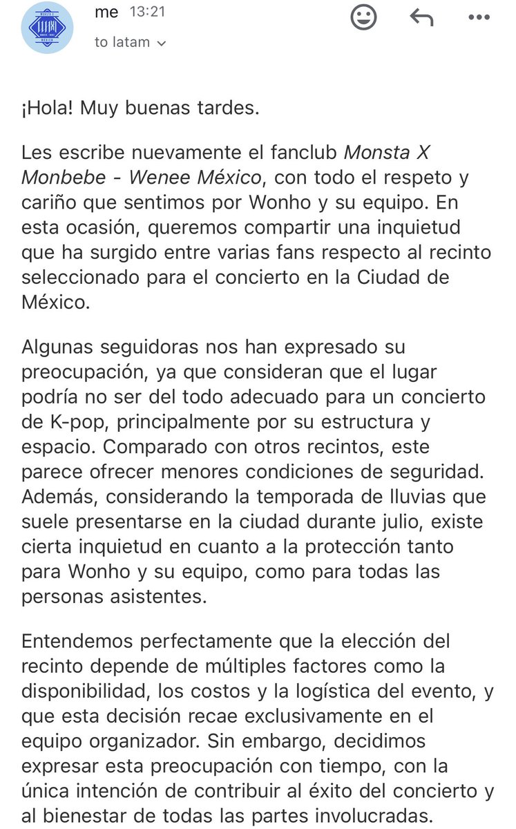 MonstaX_Mexico's tweet photo. ¡Hola #Wenee! 🎐

Hemos leído todos sus comentarios respecto al recinto para el concierto de Wonho en la Ciudad de México y hemos redactado y enviado un escrito a la promotora con opciones de recintos y aforo de asistentes para solicitar el cambio. https://t.co/Ltp5SNZgDQ