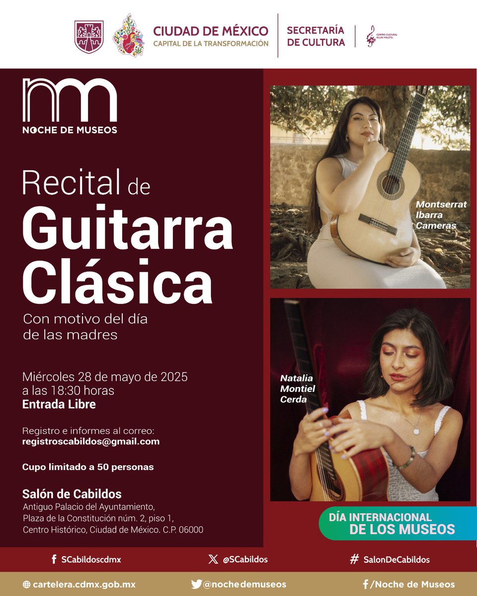 La próxima #NocheDeMuseos tendremos un recital de guitarra clásica en el #SalonDeCabildos con Montserrat Ibarra y Natalia Montiel, a las 6:30 p.m. Es una actividad en colaboración con el #CCOY
Entrada libre 
Cupo limitado 
Registro previo e informes en registroscabildos@gmail.com