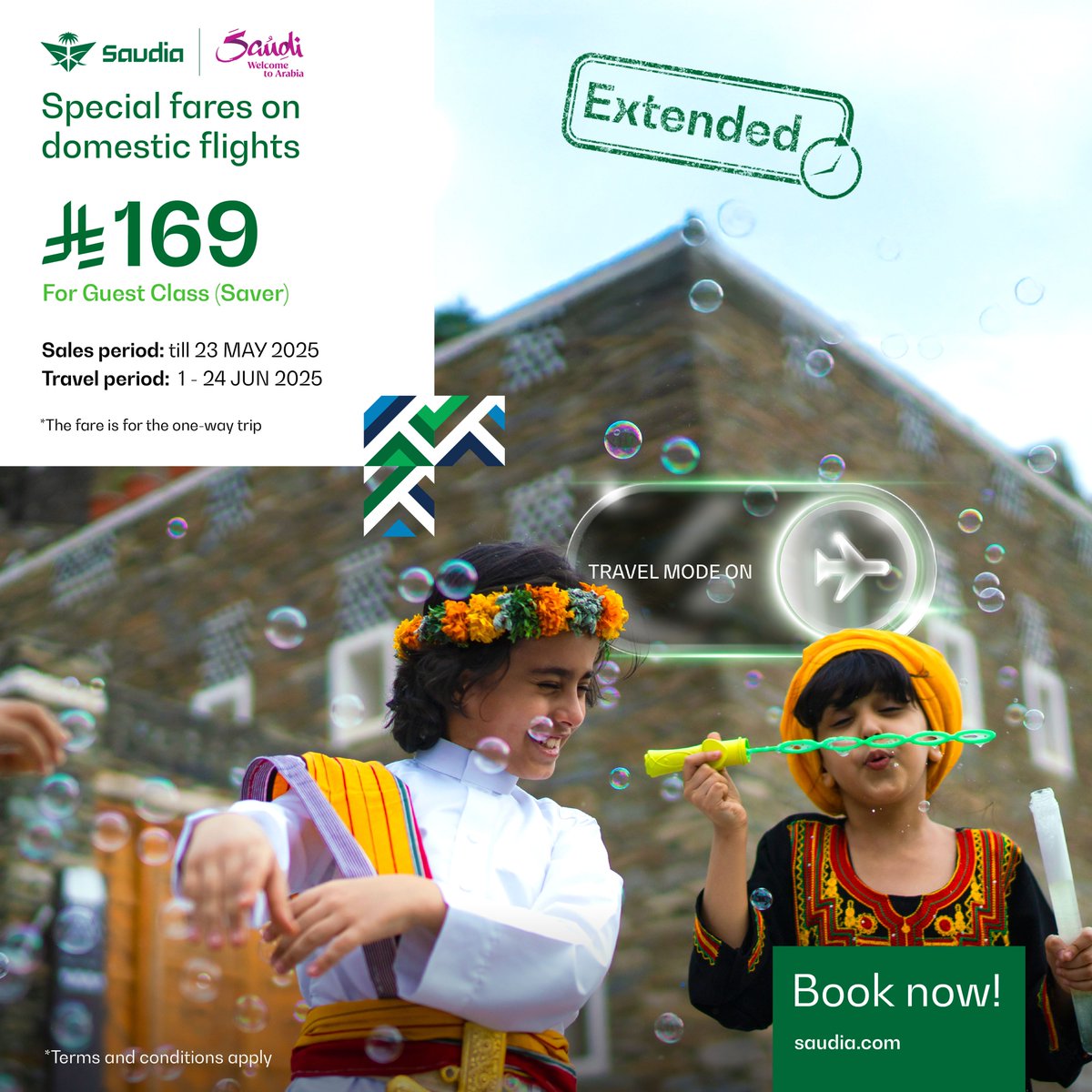 SaudiAirlinesEn's tweet image. Offer extended 🤩⏳

Explore #SaudiArabia with 169 SAR 😎🇸🇦

🔹Sales: till 23 MAY 2025 
🔹Travel: 1 - 24 JUN 2025 
🔹Offer applies on Guest Class (Saver)

Book now ✈️
saudia.com/domestic-fligh…

#ThisIsHowWeFly