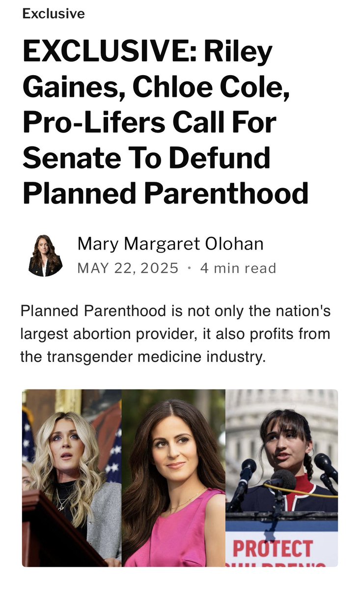 Mary Margaret Olohan (@marymargolohan) on Twitter photo NEW: Leading activists including <a href="/ChoooCole/">Chloe Cole ⭐️</a>, <a href="/Riley_Gaines_/">Riley Gaines</a>, and <a href="/LilaGraceRose/">Lila Rose</a> call on the Senate to end federal funding for Planned Parenthood, citing not only PP’s massive amount of abortions but also the abortion giant’s promotion of trans hormones.
Details <a href="/realDailyWire/">Daily Wire</a>: NEW: Leading activists including <a href="/ChoooCole/">Chloe Cole ⭐️</a>, <a href="/Riley_Gaines_/">Riley Gaines</a>, and <a href="/LilaGraceRose/">Lila Rose</a> call on the Senate to end federal funding for Planned Parenthood, citing not only PP’s massive amount of abortions but also the abortion giant’s promotion of trans hormones.
Details <a href="/realDailyWire/">Daily Wire</a>: