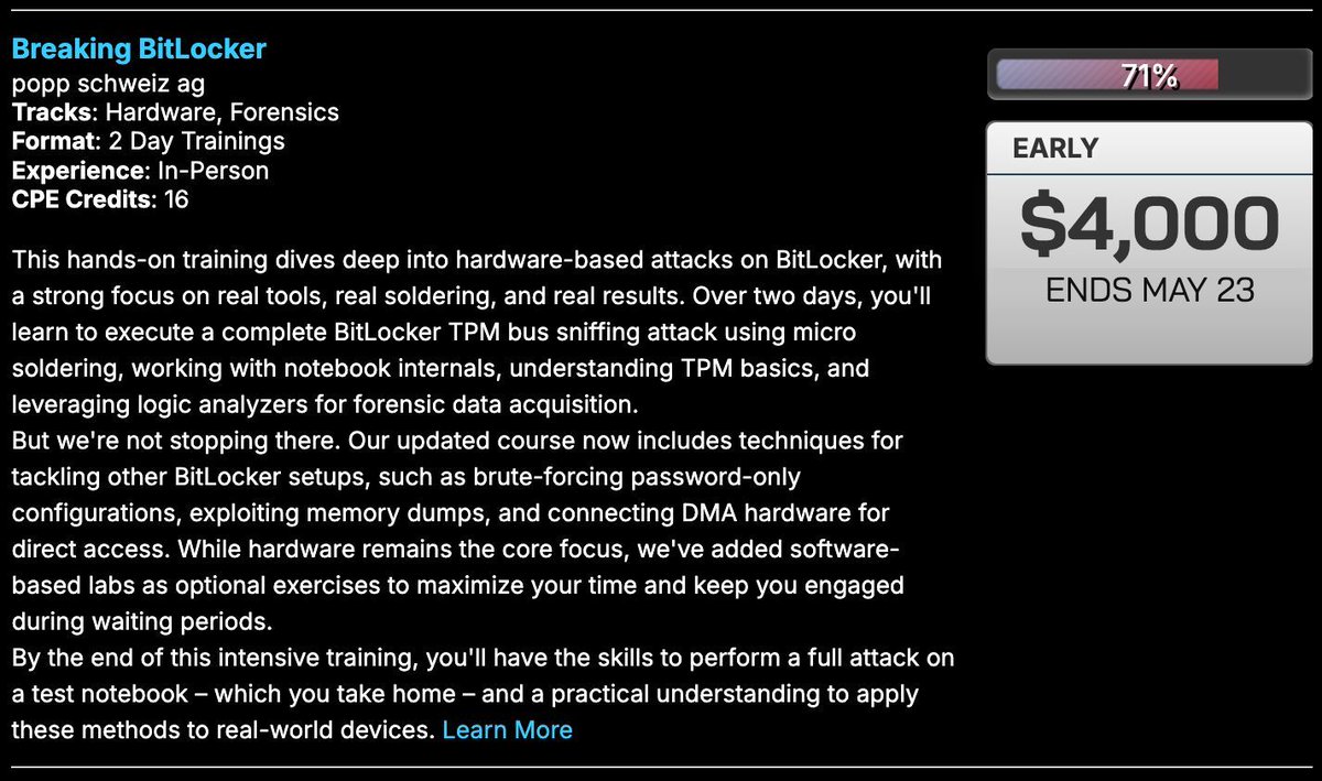pascal_gujer's tweet image. 🔐 Want to break BitLocker with real tools, not just slides?
This is your last chance to grab a spot at early bird pricing for our Breaking BitLocker training at Black Hat USA 2025.
Over two intense, hands-on days you’ll:
🧠 Learn how TPM internals work
🪛 Solder onto a real…