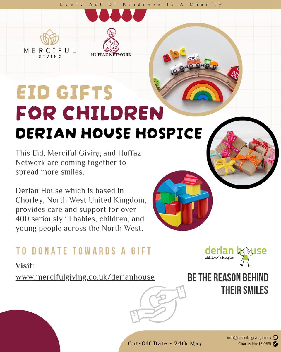 This Eid, bring a smile to a child at Derian House.
Just £10 can brighten their day.

Donate this Jumu’ah.
Love. Care. Dignity.

mercifulgiving.co.uk/derianhouse/

#EidGiving #DerianHouse #Eid #Children