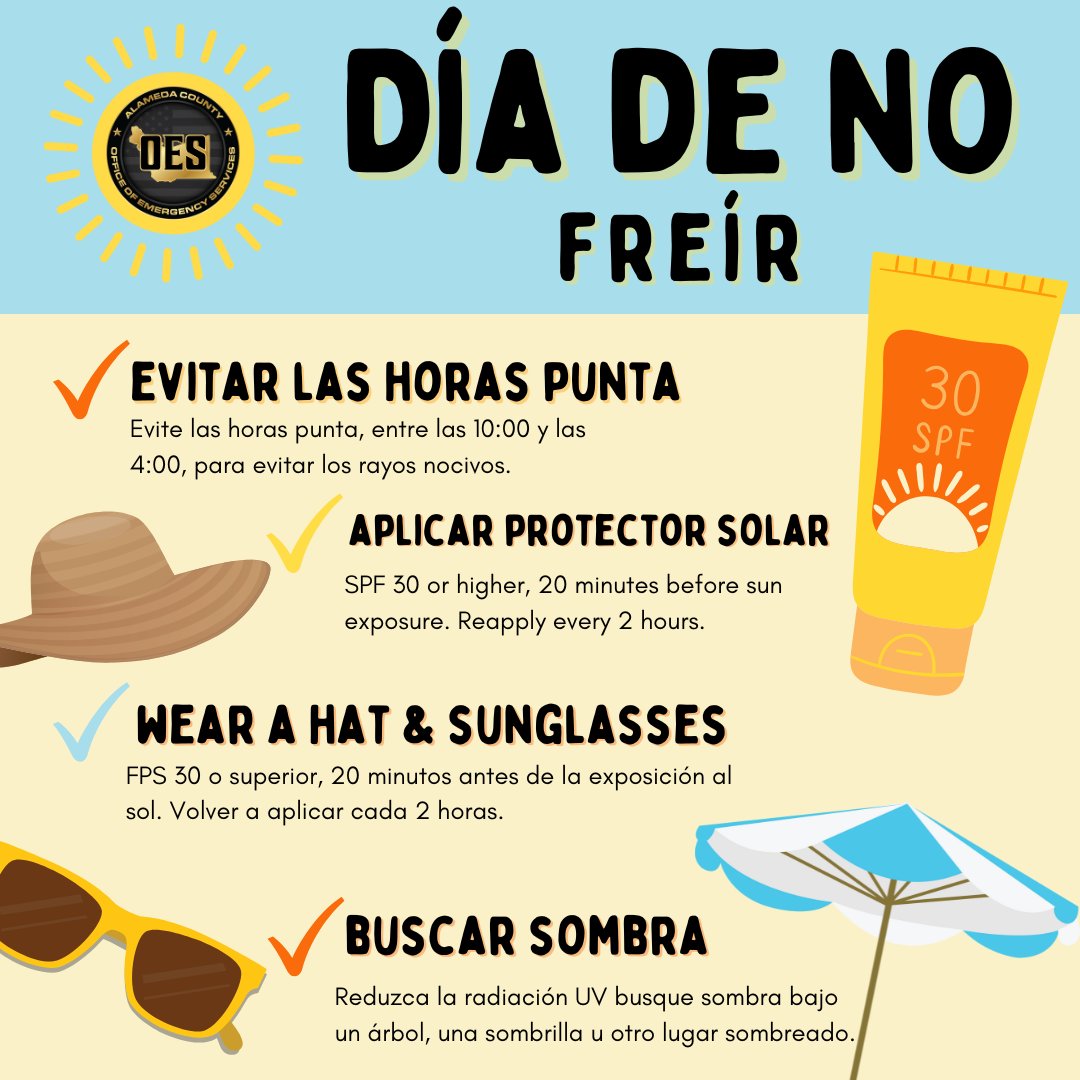 It’s Don’t Fry Day! 
As Memorial Day weekend kicks off, protect your skin while enjoying Lake Merritt, Alameda Beach, or local trails: avoid peak sun hours, wear SPF 30+, reapply often, wear a hat and sunglasses, and find shade. Stay safe in the sun! More at