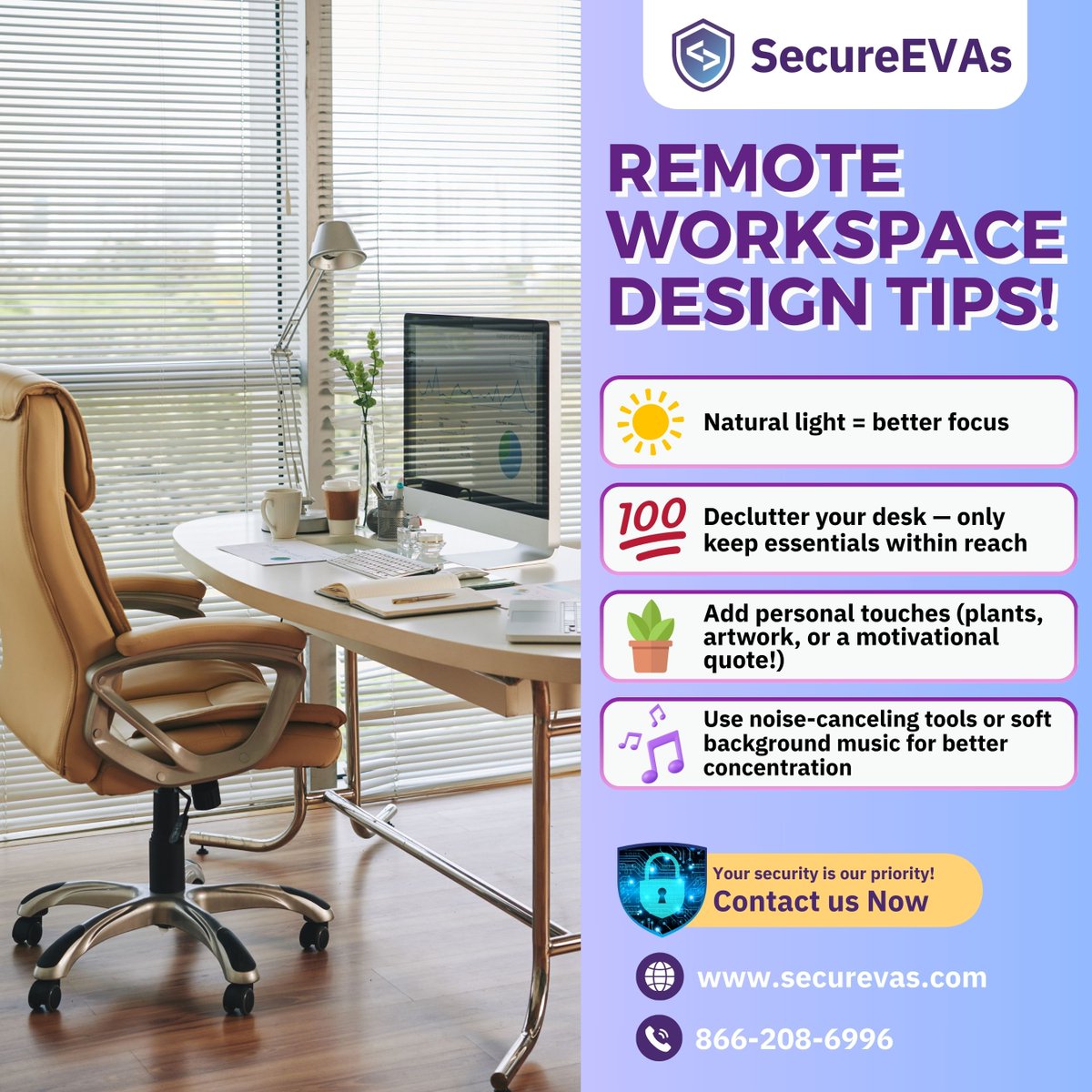 SecureEVAs's tweet photo. Your workspace affects your work pace!

📲 Contact us today | 🌐 https://t.co/G2tytvAcjb | ☎ 866-208-6996 #SecureEVAs #EntrepreneurLife #WorkHardPlayHard #VirtualAssistant #SmartHiring https://t.co/TErp22n7qa