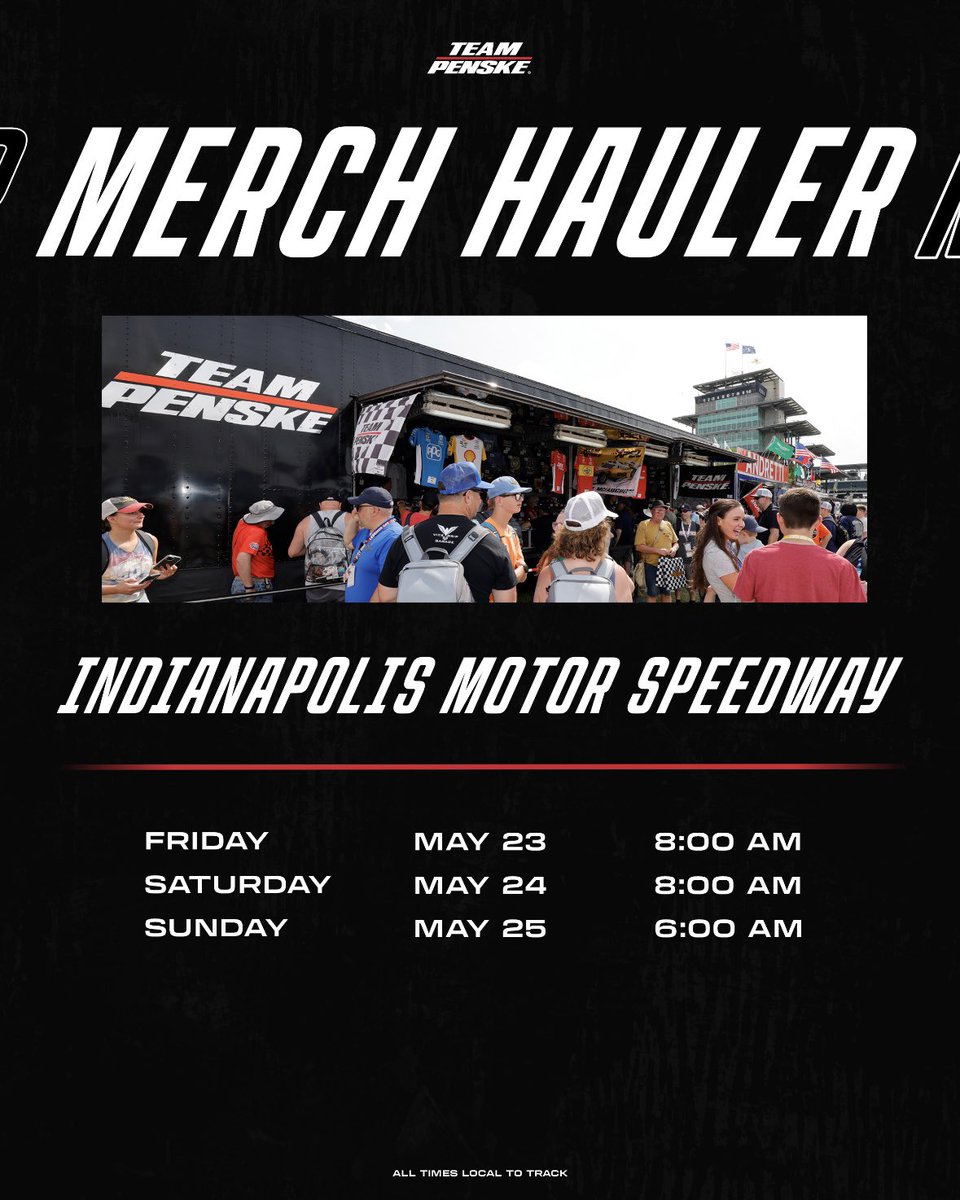 Team Penske (@team_penske) on Twitter photo Hats, shirts, diecasts and more.
If you're at <a href="/CLTMotorSpdwy/">Charlotte Motor Speedway</a> or <a href="/IMS/">Indianapolis Motor Speedway</a>, stop by our merch hauler. Hats, shirts, diecasts and more.
If you're at <a href="/CLTMotorSpdwy/">Charlotte Motor Speedway</a> or <a href="/IMS/">Indianapolis Motor Speedway</a>, stop by our merch hauler.