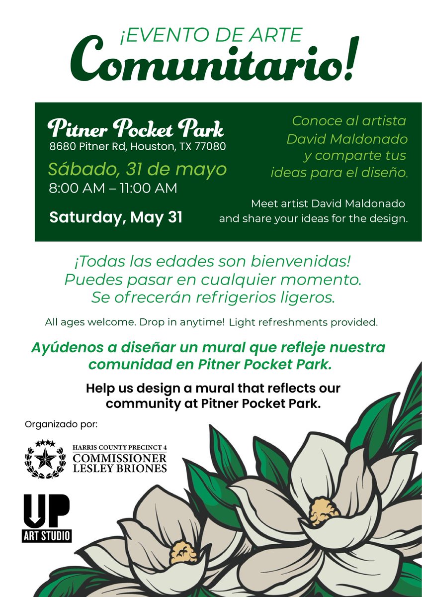 SBFDC (@sbfdcenter) on Twitter photo Saturday, May 31: Community Art Event at Pitner Pocket Park w/ <a href="/HCPrecinct4/">Harris County Precinct 4</a> & <a href="/UPArtStudio1/">UP Art Studio | #CivicPrideThroughCivicArt</a>. Come meet the artist who will design a mural.
Sábado 31 de Mayo: Evento de Arte Comunitario con <a href="/HCPrecinct4/">Harris County Precinct 4</a> & <a href="/UPArtStudio1/">UP Art Studio | #CivicPrideThroughCivicArt</a>. ¡Vengan a conocer el artista del mural! Saturday, May 31: Community Art Event at Pitner Pocket Park w/ <a href="/HCPrecinct4/">Harris County Precinct 4</a> & <a href="/UPArtStudio1/">UP Art Studio | #CivicPrideThroughCivicArt</a>. Come meet the artist who will design a mural.
Sábado 31 de Mayo: Evento de Arte Comunitario con <a href="/HCPrecinct4/">Harris County Precinct 4</a> & <a href="/UPArtStudio1/">UP Art Studio | #CivicPrideThroughCivicArt</a>. ¡Vengan a conocer el artista del mural!