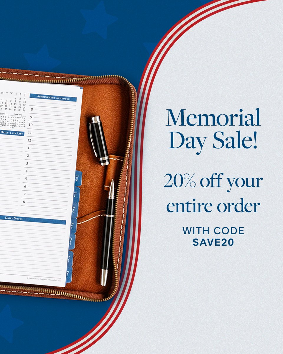 franklinplanner's tweet photo. This Memorial Day, we honor those who have served and sacrificed. We’re offering a special thank you to our customers with 20% off your entire order with code SAVE20.
#franklinplanner #planner #franklincovey #planneraddict #plannercommunity #plannerlife #functionalplanner https://t.co/GsckfCbJk7