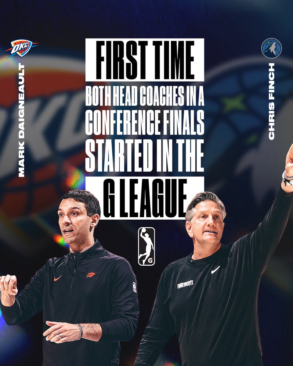 NBA G League (@nbagleague) on Twitter photo Our #GLeagueAlum are making an impact in the NBA Playoffs! <a href="/okcthunder/">OKC THUNDER</a> coach Mark Daigneault and <a href="/Timberwolves/">Minnesota Timberwolves</a> coach Chris Finch are the first head coaches to square off in the NBA Conference Finals after beginning their coaching careers in the G League. Watch Game 2 of the Our #GLeagueAlum are making an impact in the NBA Playoffs! <a href="/okcthunder/">OKC THUNDER</a> coach Mark Daigneault and <a href="/Timberwolves/">Minnesota Timberwolves</a> coach Chris Finch are the first head coaches to square off in the NBA Conference Finals after beginning their coaching careers in the G League. Watch Game 2 of the