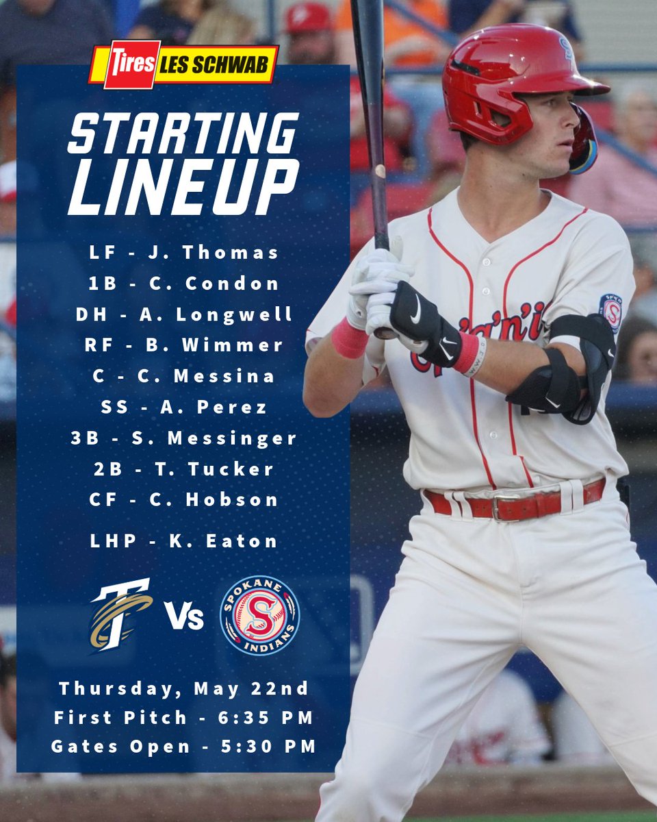 Spokane Indians (@spokaneindians) on Twitter photo Charlie Muscle and the Indians look to make it two in a row against Tri-City. Here is tonight's starting lineup powered by <a href="/LesSchwab/">Les Schwab Tires</a>. #GoSpo Charlie Muscle and the Indians look to make it two in a row against Tri-City. Here is tonight's starting lineup powered by <a href="/LesSchwab/">Les Schwab Tires</a>. #GoSpo