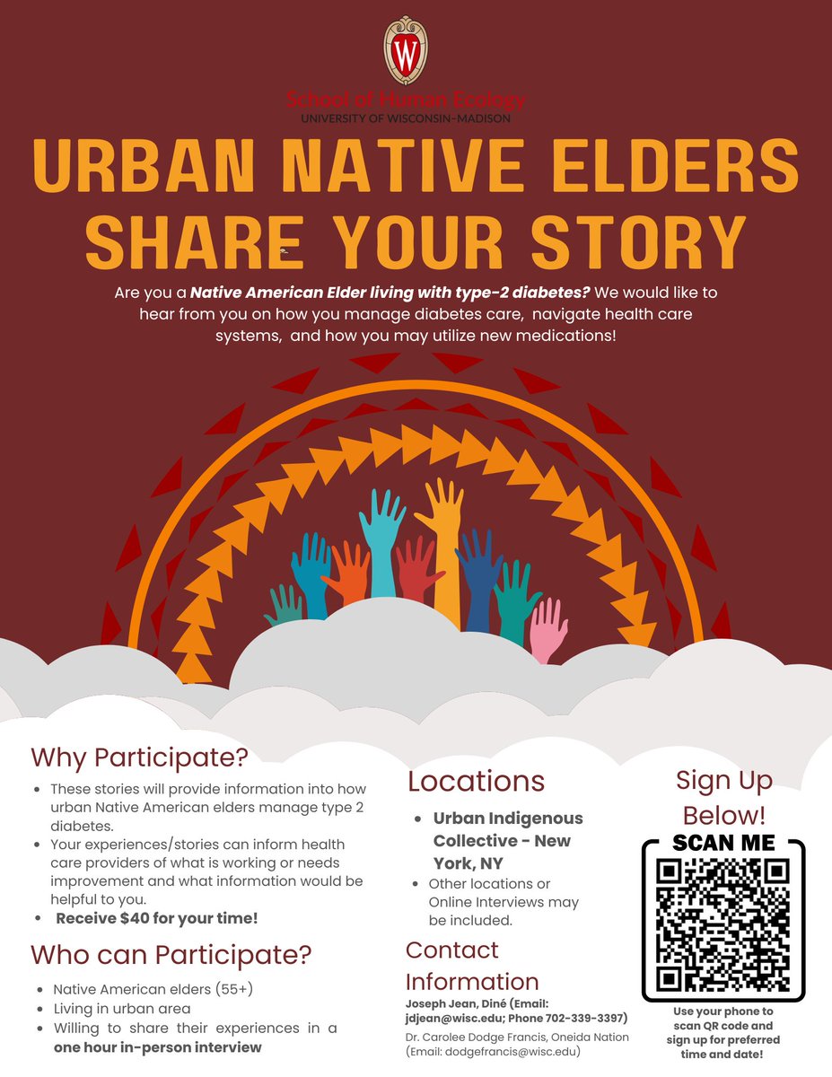 Calling all Urban Native Elders (55+ living with Type 2 diabetes) we want to hear from YOU.

Share your experience in a 1-hour in-person interview
Receive $40 for your time
Interviews happening in NYC!

🔗 Scan the QR code to sign up or reach out to the contact info in our bio.