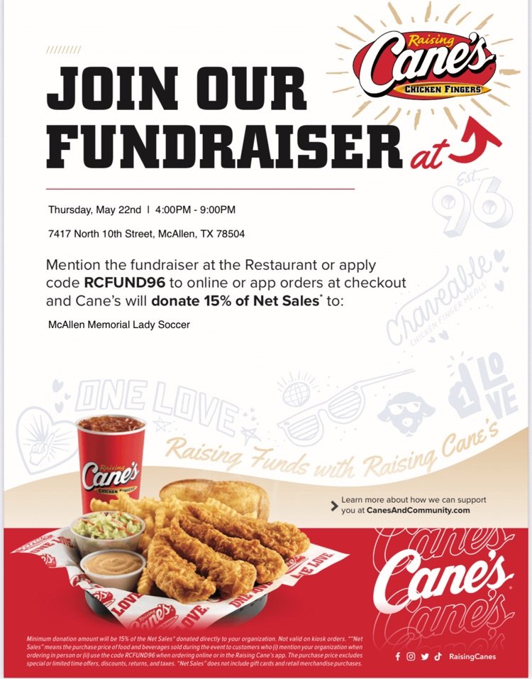 🩵Support McAllen Memorial Lady Soccer!💛
Grab dinner at Raising Cane’s on Thursday, May 22nd from 4PM–9PM at 7417 N 10th Street and help us raise funds for our team!
#1PRIDE