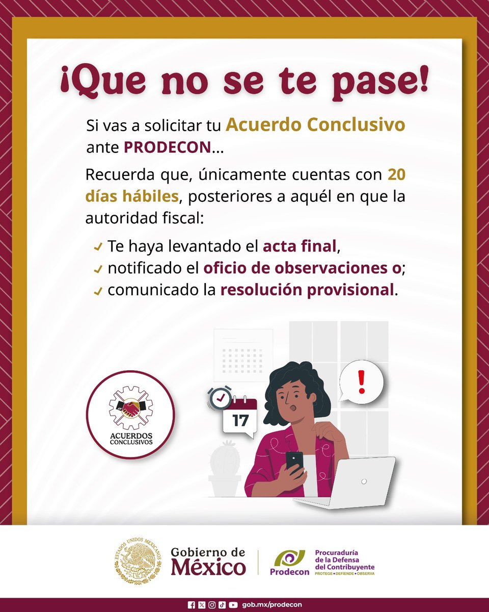 ¿La autoridad fiscal te está auditando?​

En #PRODECON, te ayudamos para que aclares, desvirtúes, y/o regularices tu situación fiscal.​

Si requieres atención personalizada, agenda tu cita 📆 citas.prodecon.gob.mx  o utiliza nuestro servicio de chat en línea  👉🏼👩🏻‍💻👨🏽‍💻