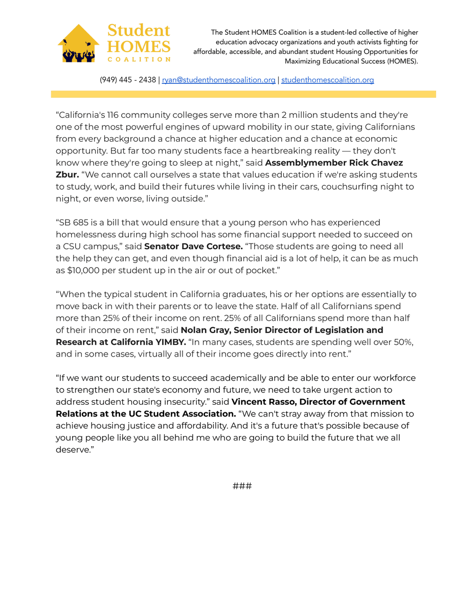 Student HOMES Coalition (@studenthomesco) on Twitter photo Students are hard at work to make housing on and off campus more affordable. On Tuesday, we spoke alongside <a href="/AsmMikeFong/">Assemblymember Mike Fong</a>, <a href="/AsmRickZbur/">Assemblymember Rick Chavez Zbur</a>, <a href="/SenDaveCortese/">Senator Dave Cortese</a> and reps from <a href="/UCSA/">UCSA</a>, and <a href="/cayimby/">California YIMBY</a> to discuss solutions to the student housing crisis. Read the full press release here: Students are hard at work to make housing on and off campus more affordable. On Tuesday, we spoke alongside <a href="/AsmMikeFong/">Assemblymember Mike Fong</a>, <a href="/AsmRickZbur/">Assemblymember Rick Chavez Zbur</a>, <a href="/SenDaveCortese/">Senator Dave Cortese</a> and reps from <a href="/UCSA/">UCSA</a>, and <a href="/cayimby/">California YIMBY</a> to discuss solutions to the student housing crisis. Read the full press release here:
