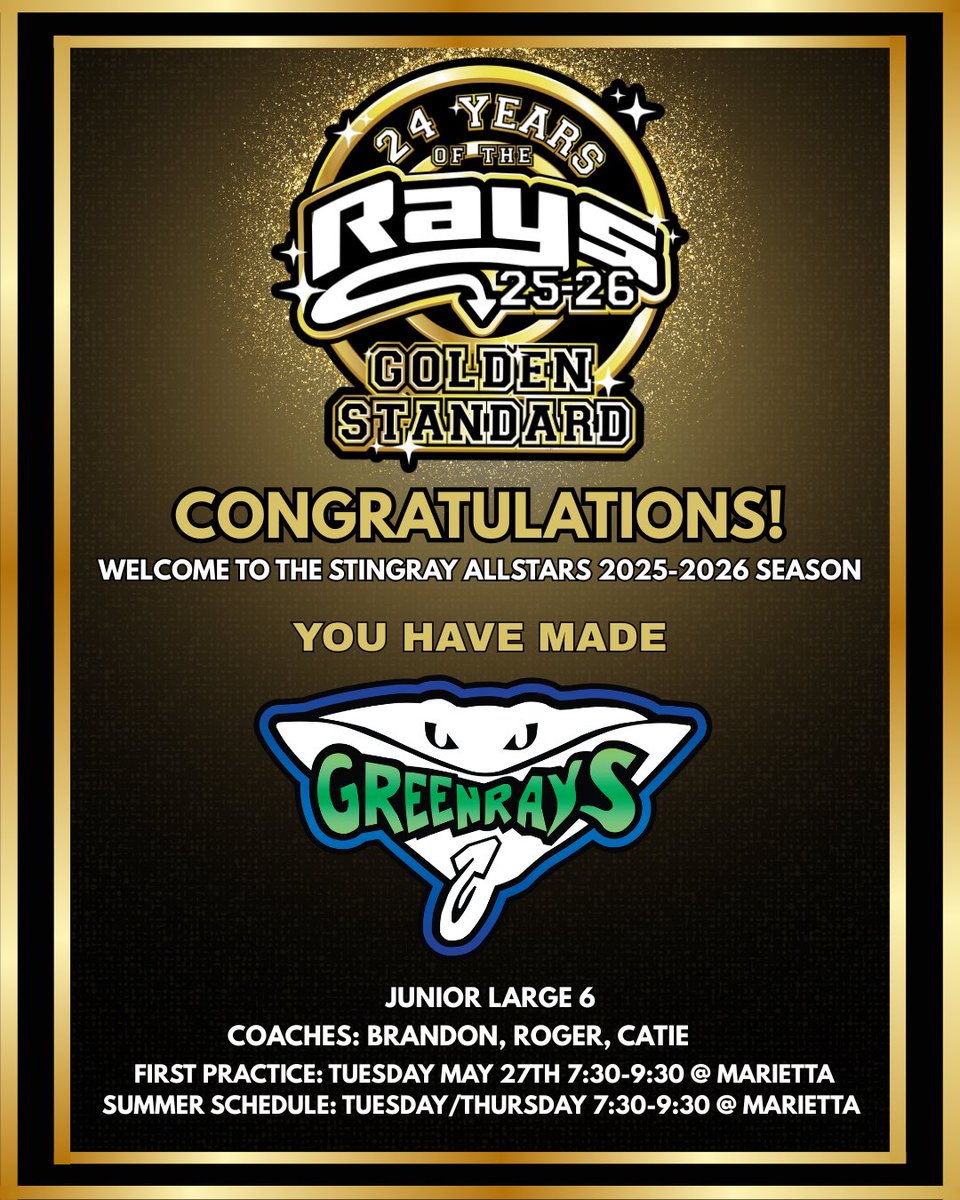 Green π (@green__rays) on Twitter photo Excited to begin the 24th season of <a href="/LetsGoRays/">THE STINGRAY ALLSTARS MARIETTA</a> and the 24th season of the Green Rays.
We cannot wait to meet all the new Beans!
πππ Excited to begin the 24th season of <a href="/LetsGoRays/">THE STINGRAY ALLSTARS MARIETTA</a> and the 24th season of the Green Rays.
We cannot wait to meet all the new Beans!
πππ