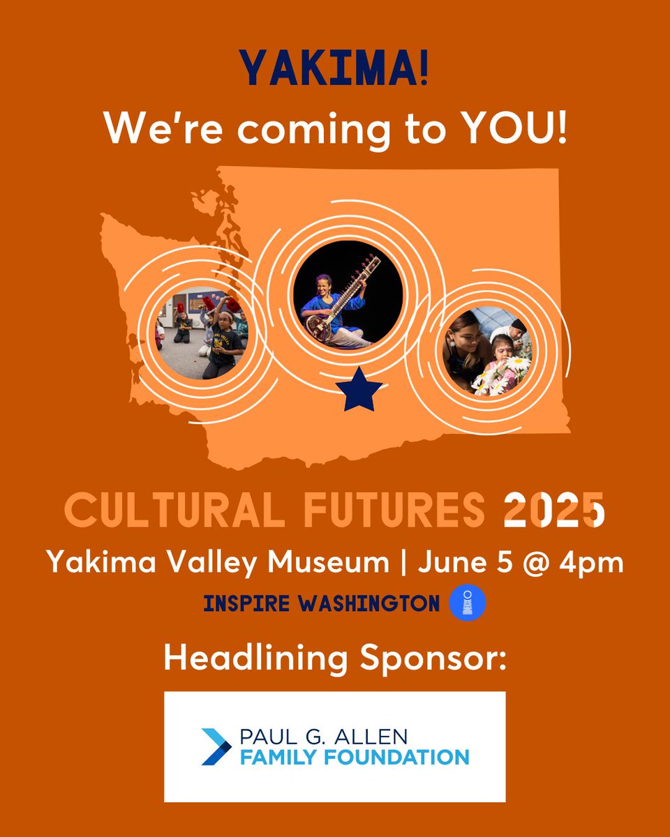 We'll be visiting Ellensburg, the Tri-Cities, and Yakima soon as part of our Cultural Futures tour. Click to learn more and register for your city's event: inspirewashington.org/events/cultura… 

Headlining Sponsor: @PGAFamilyFdn. Hosts: Gallery One, <a href="/REACHmuseum/">REACH Museum</a> &amp; <a href="/yakimamuseum/">Yakima Valley Museum</a>. 

#centralwa