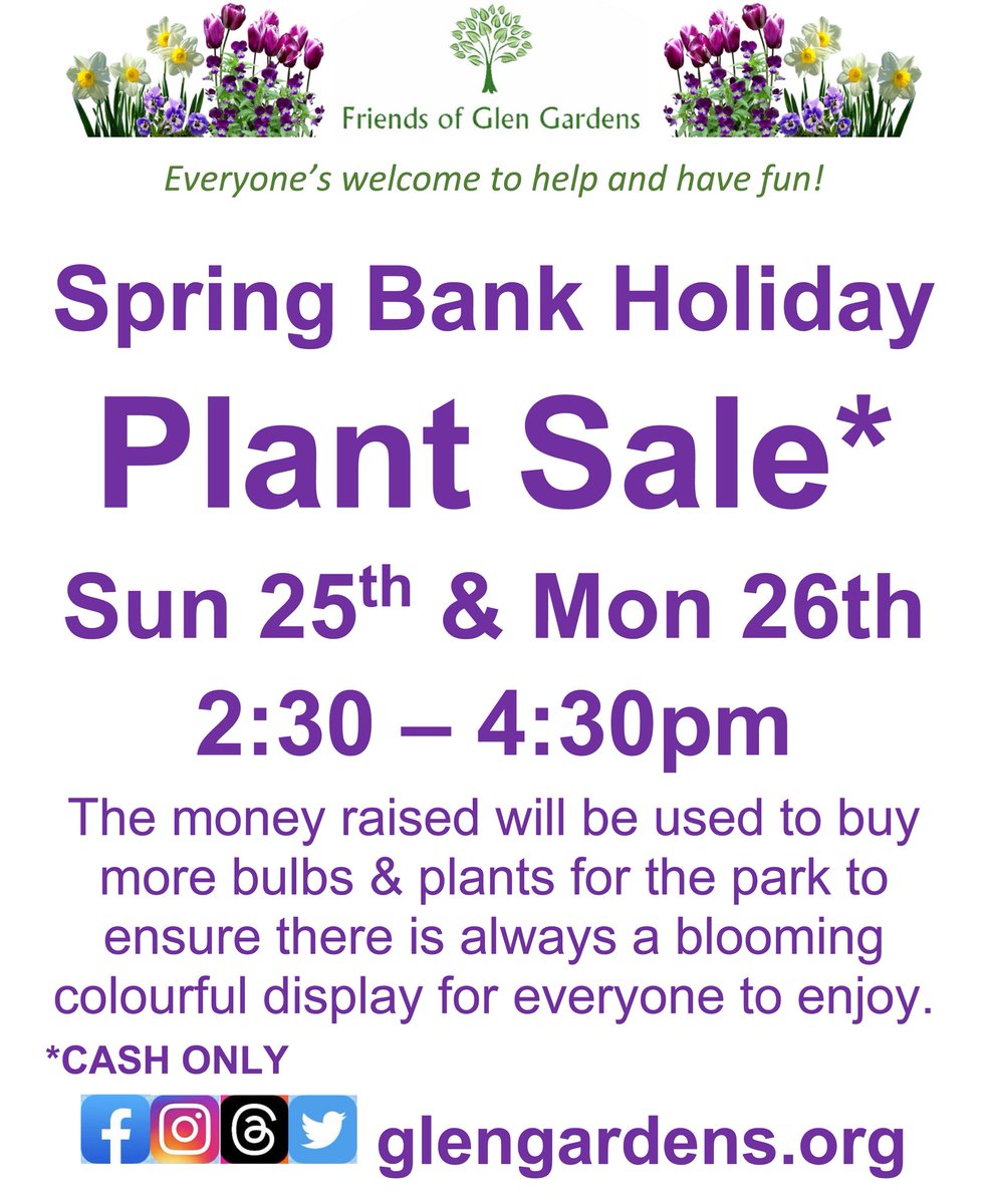 🪴🌱🪴🌱🪴Plant Sale*🪴🌱🪴🌱🪴
Spring Bank Holiday Sun 25th &amp; Mon 26th 2:30 – 4:30pm
The money raised will be used to buy more bulbs &amp; plants for the park to ensure there is always a blooming colourful display for everyone to enjoy.
*CASH ONLY