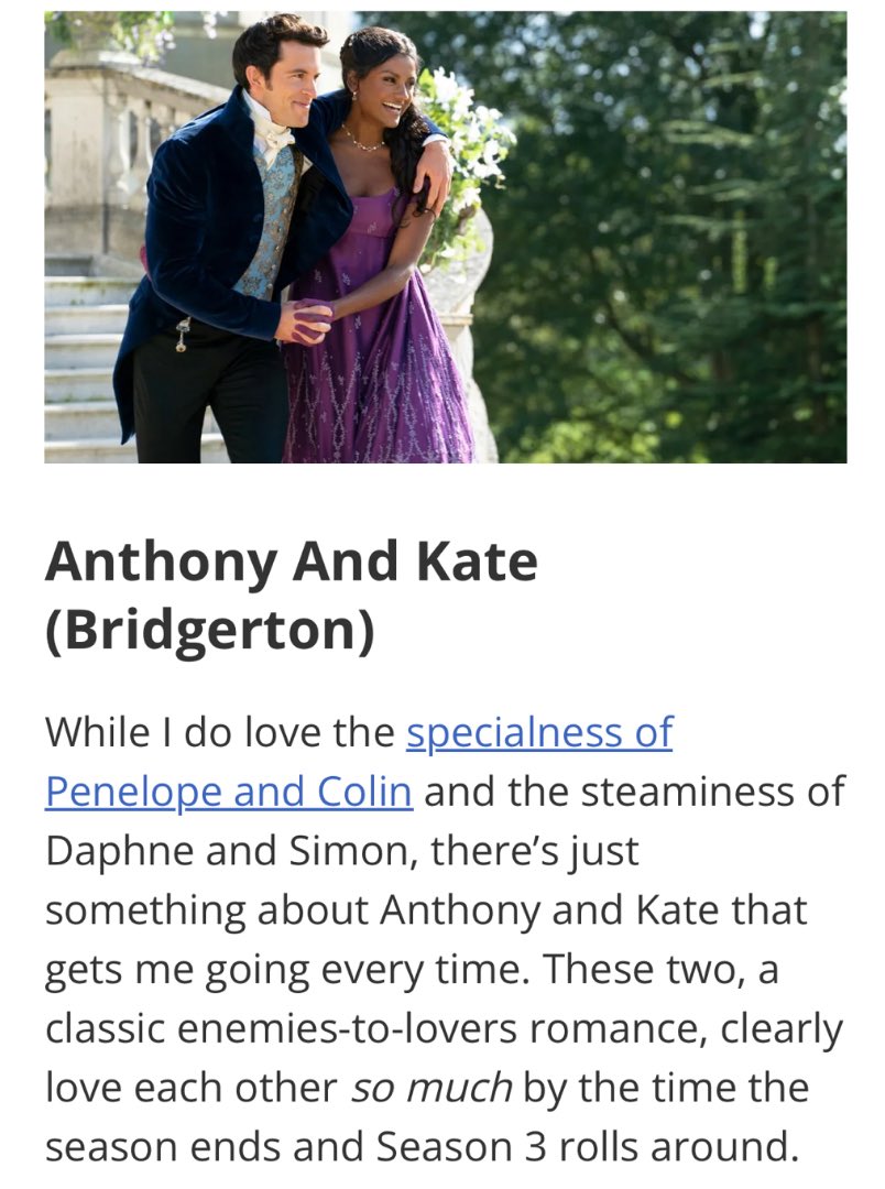 “32 Relationships In Television That Defined Goals” - Kate and Anthony Sharma-Bridgerton ♥️

cinemablend.com/television/rel…
