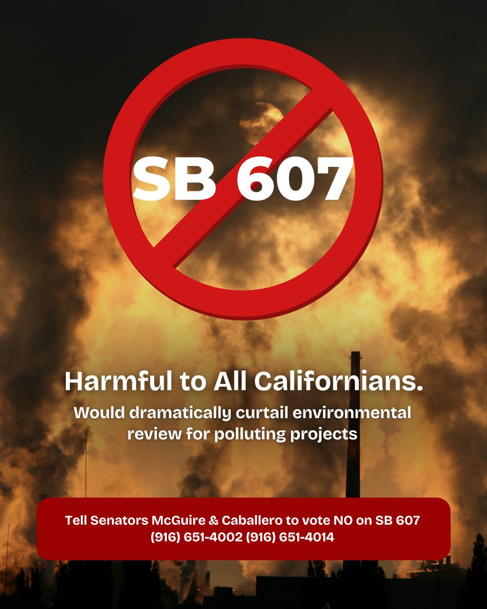 SierraClubCA's tweet image. SB 607 is a sweeping rollback of California's strongest environmental law.

Please join 130+ environmental groups calling on Senator Pro Tem Mike McGuire and Senator Anna Caballero to vote NO on SB 607.

Send messages to:
sd02.senate.ca.gov/contact
sd14.senate.ca.gov/contact-us
