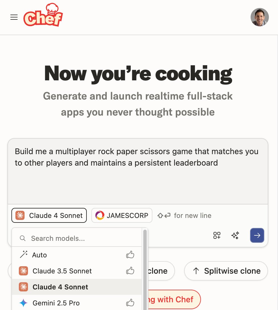 James Cowling (@jamesacowling) on Twitter photo “I’m impressed! I didn’t expect it to go that well. I thought it would bomb and fail but it did the opposite” - <a href="/theo/">Theo - t3.gg</a>
Claude 4 Sonnet live on Convex Chef, the codegen tool that bombs less than you'd expect! “I’m impressed! I didn’t expect it to go that well. I thought it would bomb and fail but it did the opposite” - <a href="/theo/">Theo - t3.gg</a>
Claude 4 Sonnet live on Convex Chef, the codegen tool that bombs less than you'd expect!