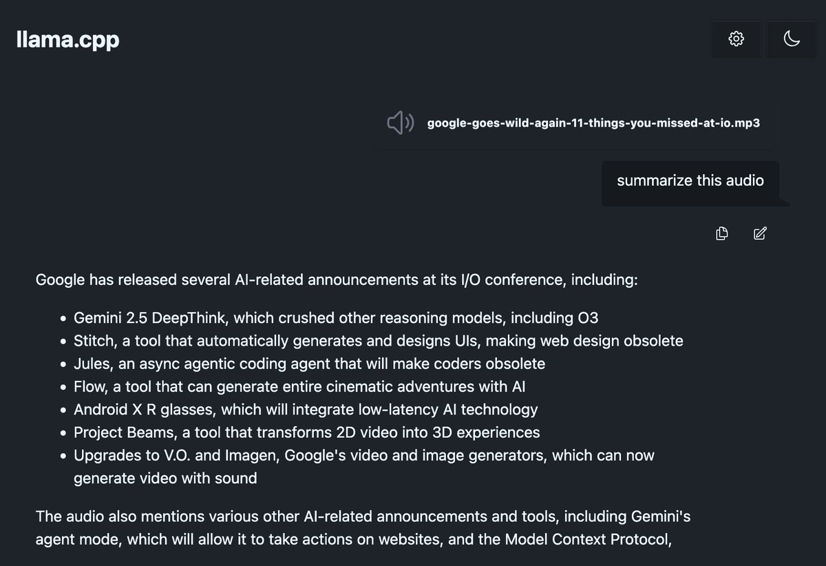 Summarize latest <a href="/fireship_dev/">Fireship</a>'s video using cutting edge <a href="/ggml_org/">ggml</a>'s llama.cpp audio support (model: Ultravox + Llama 3.1 8B)