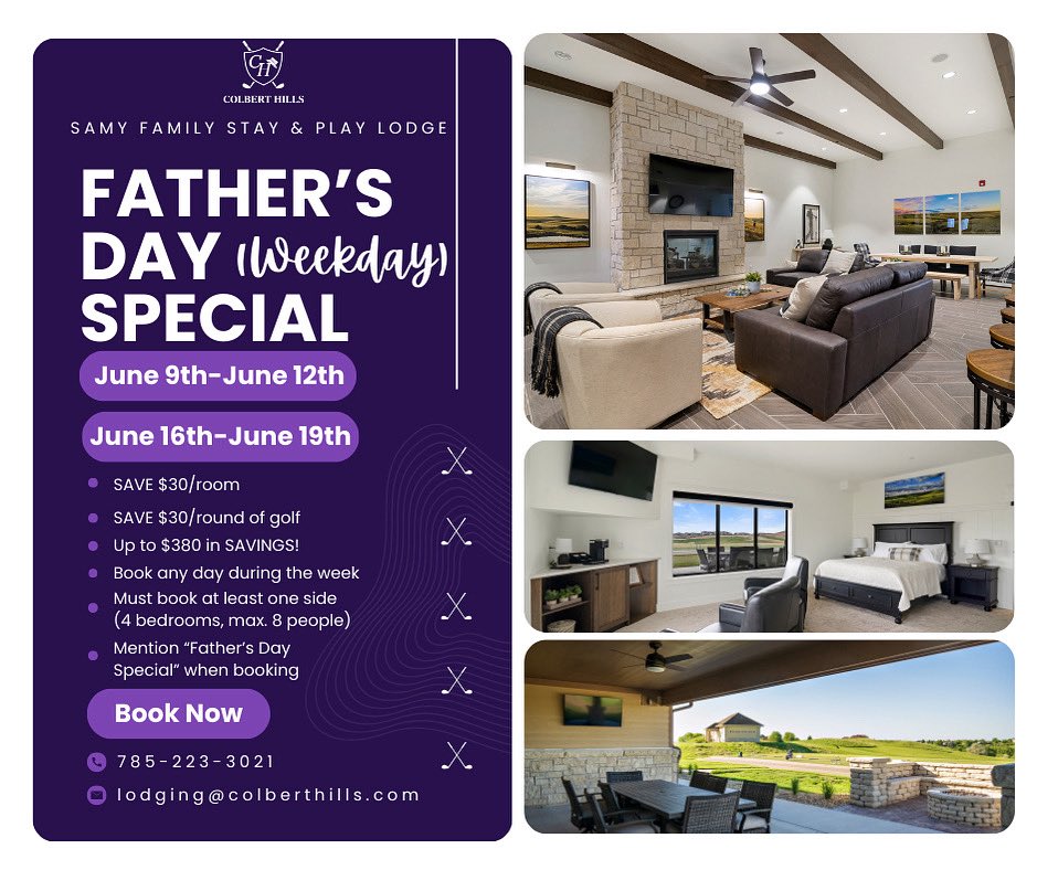 ⛳️Father’s Day (Weekday) Special!🎉
Treat yourself or your dad with our Samy Family Stay &amp; Play Lodge weekday special the week before OR after Father’s Day!🏌️
Pick ANY weekday and SAVE!💰#colberthills