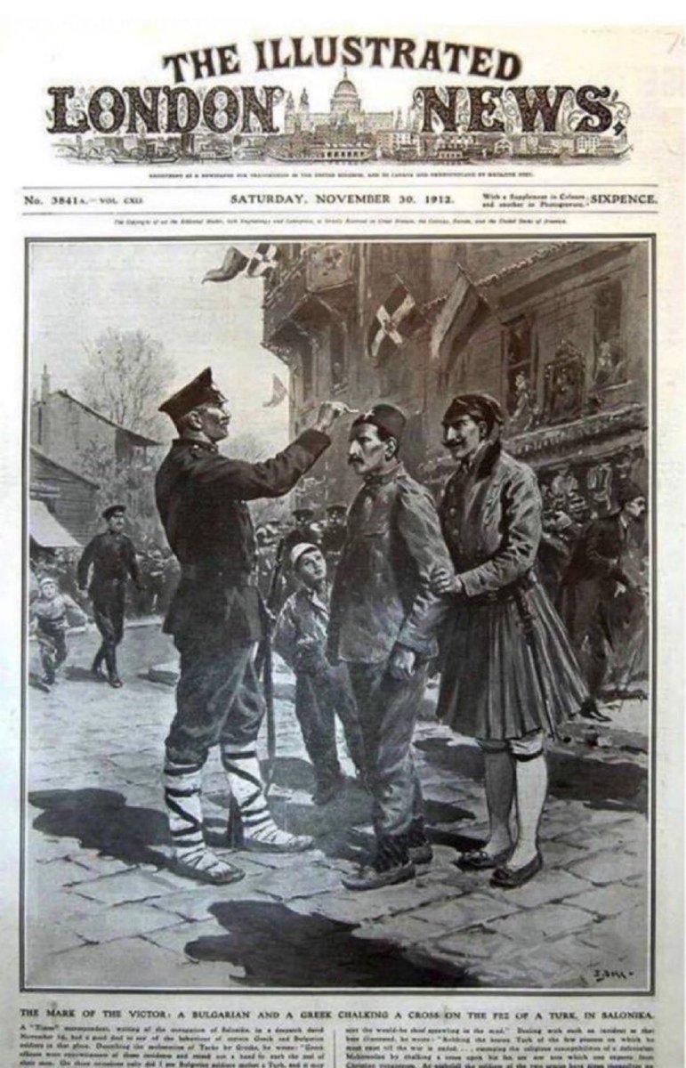 Atatürk ne yaptı ki? diyorlar ya;
30 Kasım 1912’de İngiltere’de yayınlanan gazetenin ilk sayfasında;
Selanik’te bir Yunan askeri Türk askerini tutuyor ve Bulgar asker fes’e haç çiziyor! Keşke Yunan kazansaydı diyen ve kendisini gerçek mümin sayan zevatlar iyi baksın.