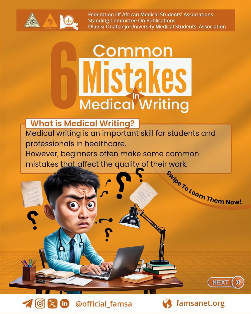 official_famsa's tweet photo. From Our Last Webinar!
Medical writing is key 🔑 — but many students make these 6 common mistakes.
👀 Swipe to learn how to fix them!
💡 Want more tips?
Follow @official_famsa & stay tuned!
#FAMSASCOPUB #MedicalWriting #OOUMSA #WritingTips #MedSchoolAfrica https://t.co/eFJPvU8EmQ