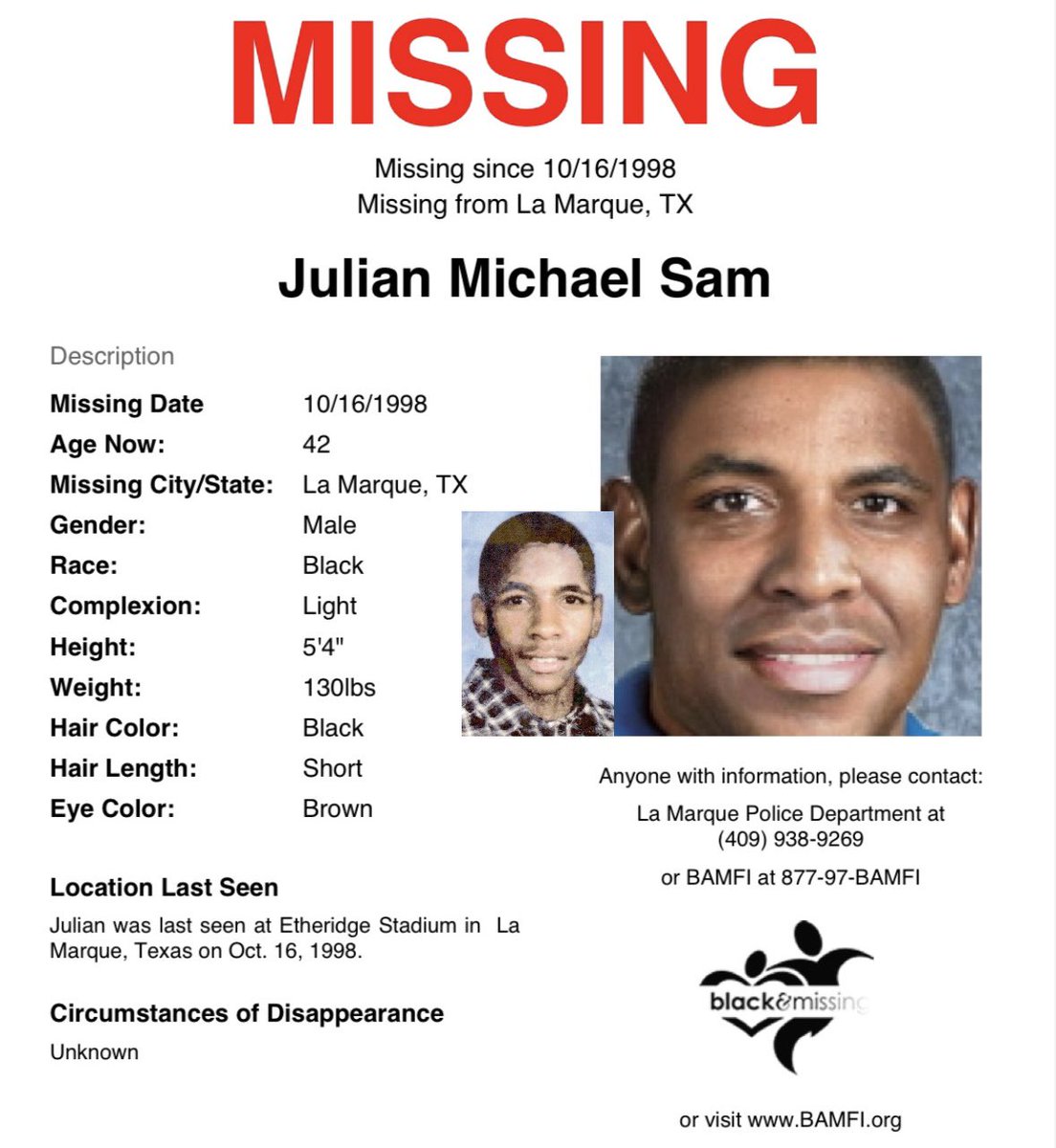 BAM_FI's tweet photo. #LaMarque, #TX: Then 16y/o #JulianSam was last seen at Etheridge Stadium on Oct 16, 1998, wearing a white shirt, blue jeans &amp; blue/black sneakers. 

His photo is age-progressed to 39 years, provided by @NCMEC. https://t.co/B23Q2DtjjT