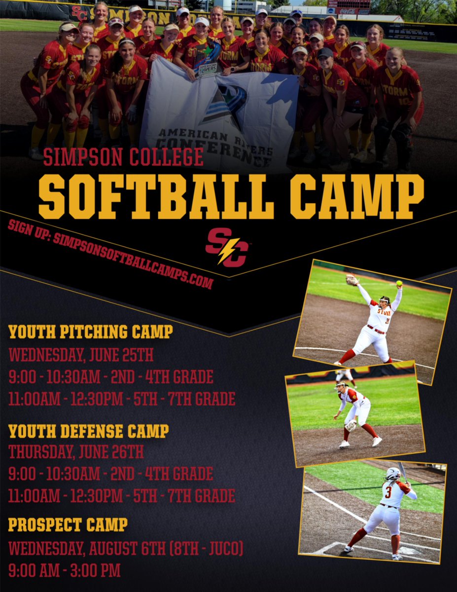 Upcoming Summer Simpson Softball Camps! Get Signed up, and Be Ready to have FUN! Youth Pitching Camp, Youth Defense Camp, and a Prospect Camp!
simpsonsoftballcamps.com 
#RollStorm