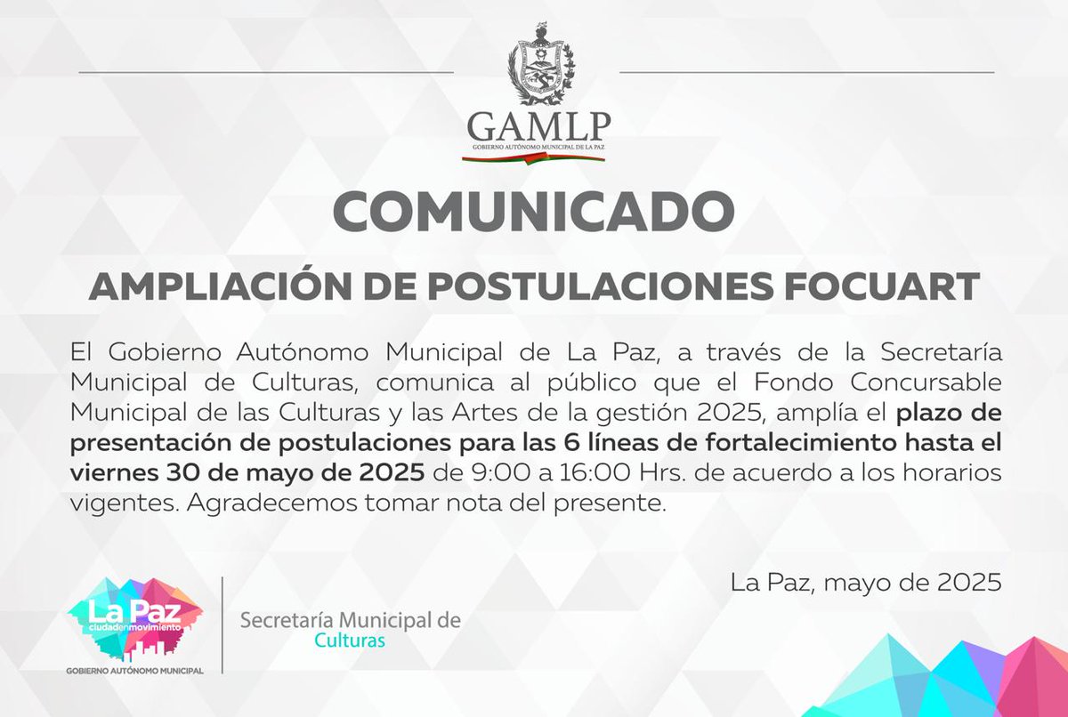 🫵 ¡AMPLIACIÓN DE PLAZO, FOCUART 2025! 
Este fondo de las culturas y las artes, impulsa proyectos artísticos culturales.
Descarga las convocatorias y postula hasta el 30 de mayo: drive.google.com/drive/folders/…
#SecretaríaMunicipalDeCulturas #Convocatoria #FOCUART2025