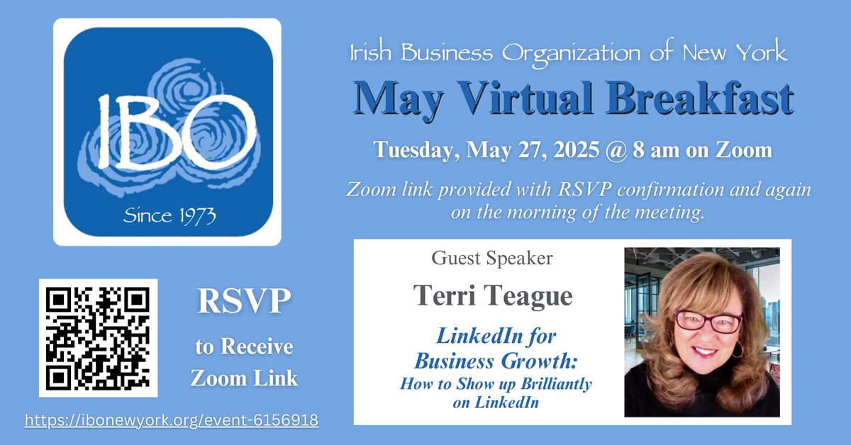 Join us on Zoom on Tuesday May 27 at 8am for our lively monthly gathering as we welcome Terri Teague for a brief chat about  business growth and how to show up brilliantly on LinkedIn.

RSVP: ibonewyork.org/event-6156918