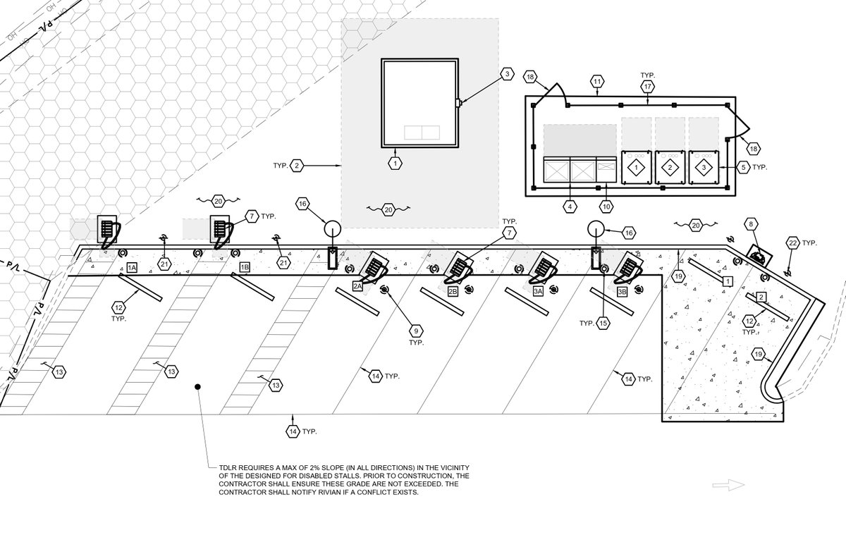 Site plans for the Rivian Adventure Network station in Waco, Texas:
