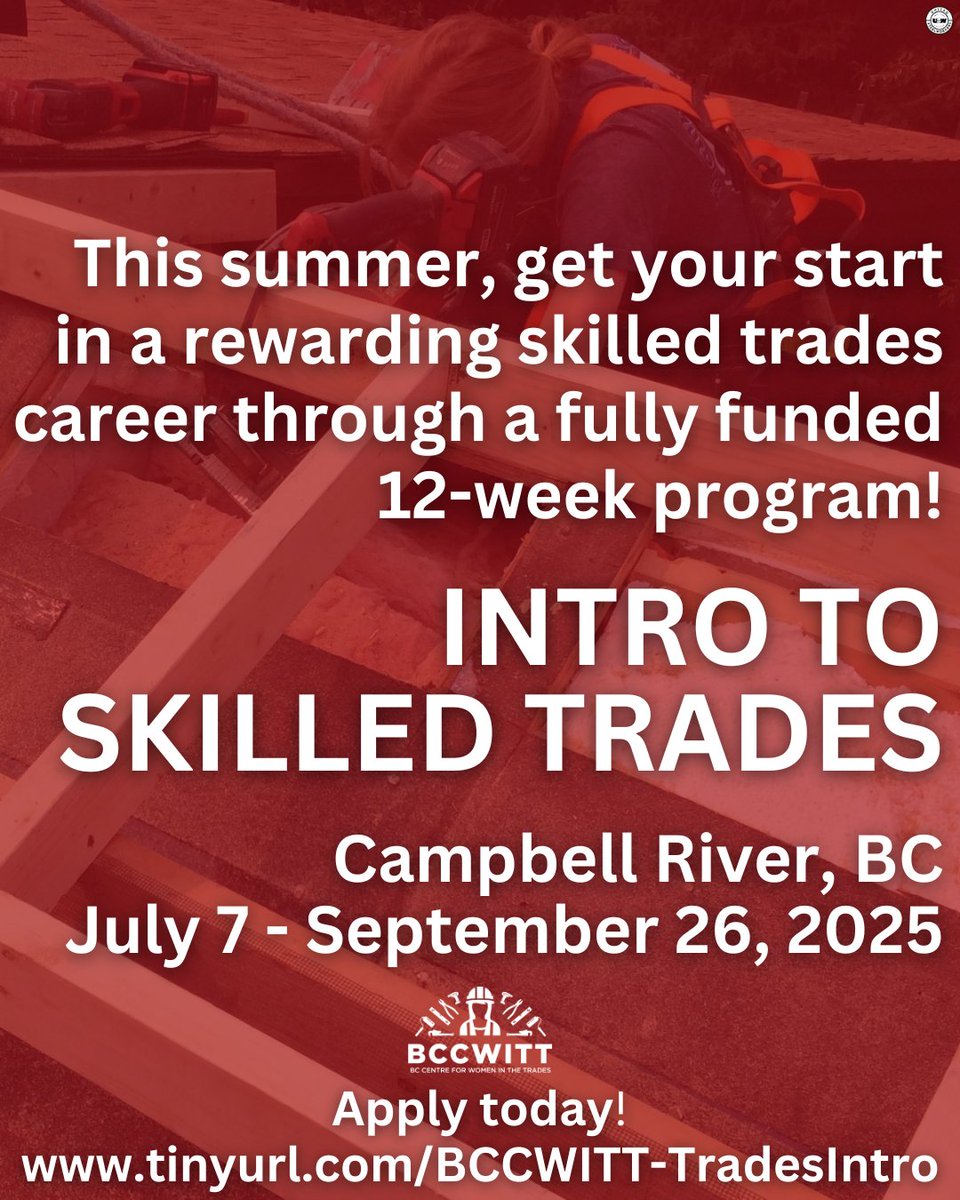 bccwitt's tweet photo. Calling all Campbell River women! Want to get a start in a rewarding skilled trades career? Learn the skills and knowledge you need through FREE introductory skilled trades training from July 7 to September 26 in Campbell River.

Apply today at https://t.co/MSx1JhtKBF https://t.co/bPTIDjqLe0