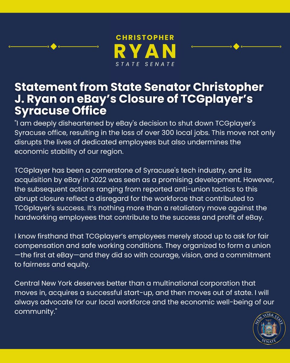 chrisryanny50's tweet photo. Read my statement on eBay's Closure of TCGplayer's Syracuse Office:
https://t.co/dnFpzGutr4 https://t.co/fZtwmv5Tla