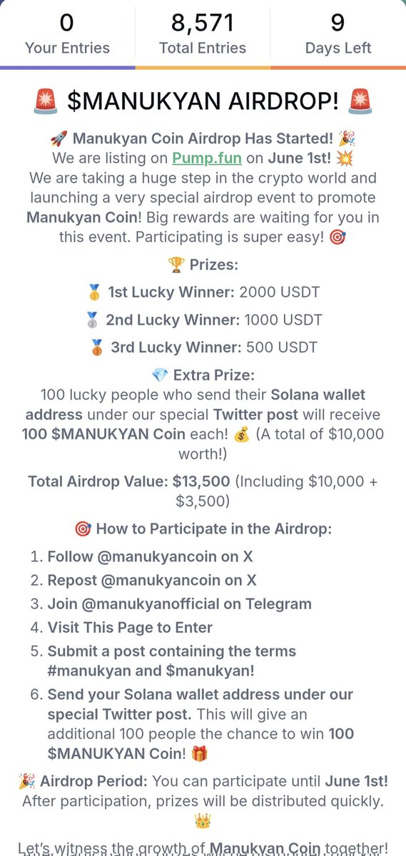 manukyancoin's tweet photo. Manukyan Coin Airdrop Event is Getting Huge Attention!
Thanks to all our amazing supporters 🙏

⏳ Only 9 Days Left!
💰 $20,000 Prize Pool!
🎯 Still time to join!

Don’t miss this opportunity!
Join now: https://t.co/jGZshrEQLb

#Airdrop #ManukyanCoin #Crypto #Web3 #Giveaway #AirdropAlert