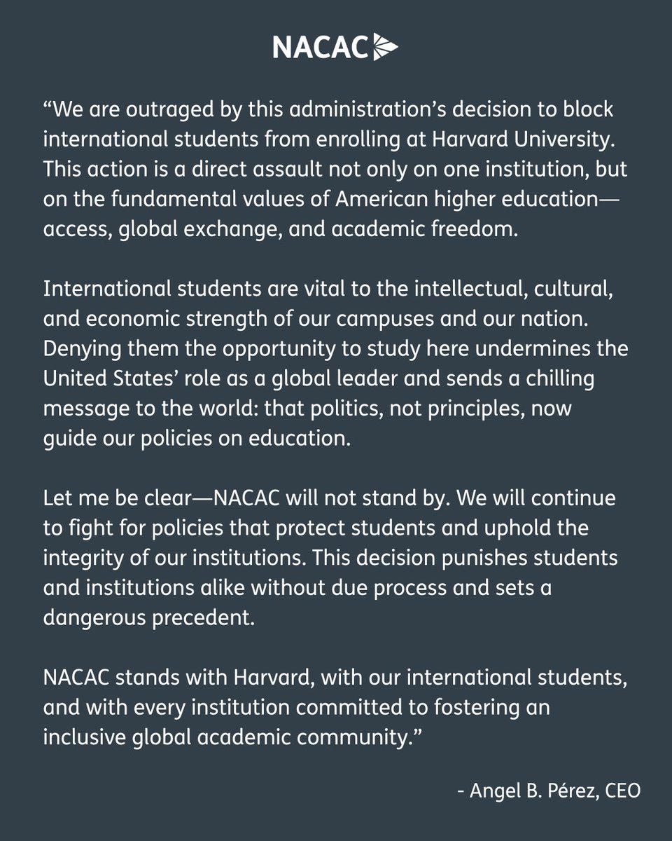 NACAC's tweet photo. In response to today's federal action against Harvard and international students, #NACAC CEO Angel B. Pérez shares how NACAC will continue to advocate for students, institutions of higher education, and the future of global prosperity. https://t.co/nILNFAsWrz