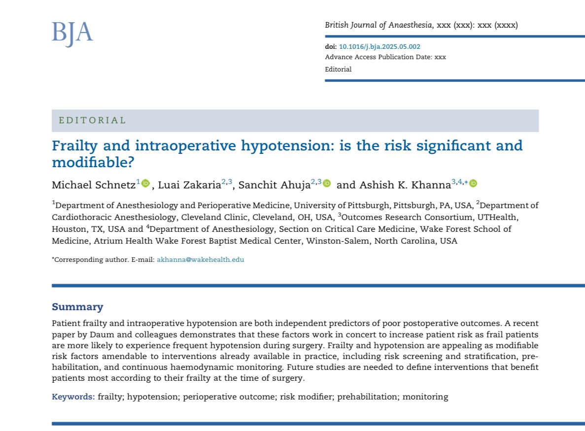 KhannaAshishCCM's tweet photo. Frailty and intraoperative hypotension connect? Can we modify the risk? @ASALifeline @BJAJournals https://t.co/fxyBvM0I4o… @WakeAnesthesia @PittAnes @ClevelandClinic @HughHemmings https://t.co/q0pw1ZnRZV