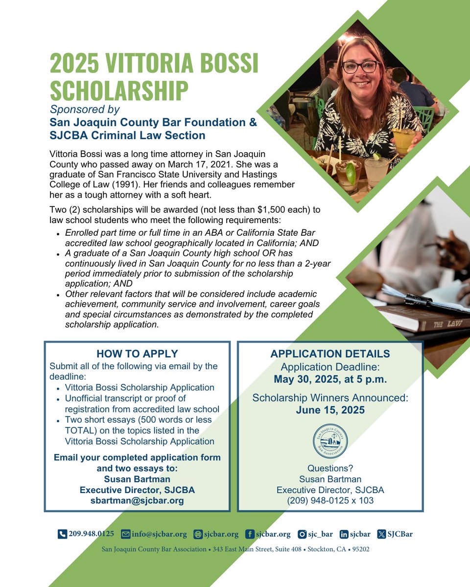 Final days to apply for the SJCBA Vittoria Bossi Scholarship! 2 scholarships of $1,500+ for CA law students with ties to San Joaquin County.

Deadline: May 30, 2025
Details: sjcbar.org/2025BossiSchol…

#SJCBA #SJCBAR #lawschool #scholarships #sanjoaquincounty