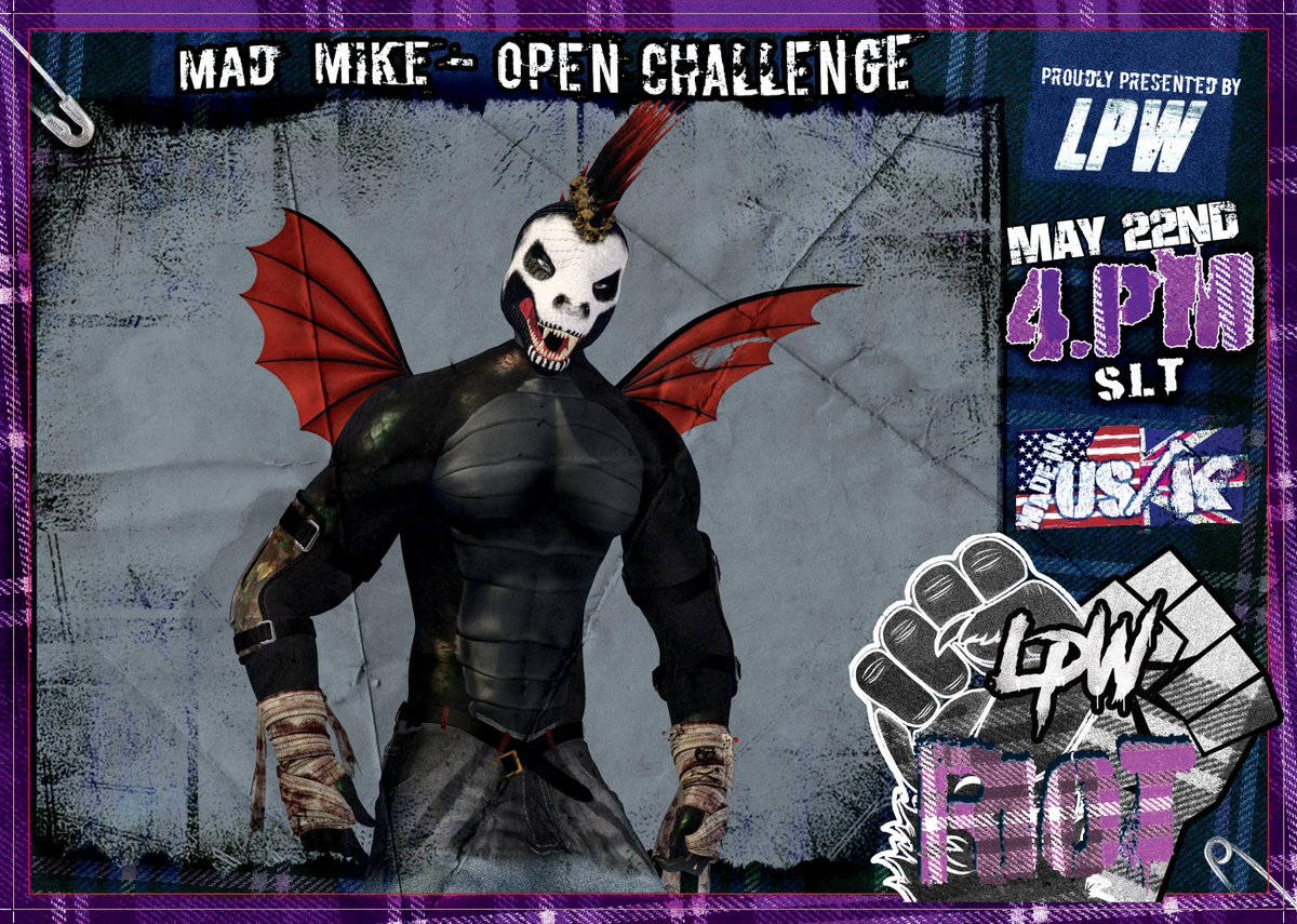 Our main event, Mad Mike has an Open Challenge! Who do you think will be up to the task!?

Come find out on LPW Riot, starting at 4pm SLT
maps.secondlife.com/secondlife/Pou…