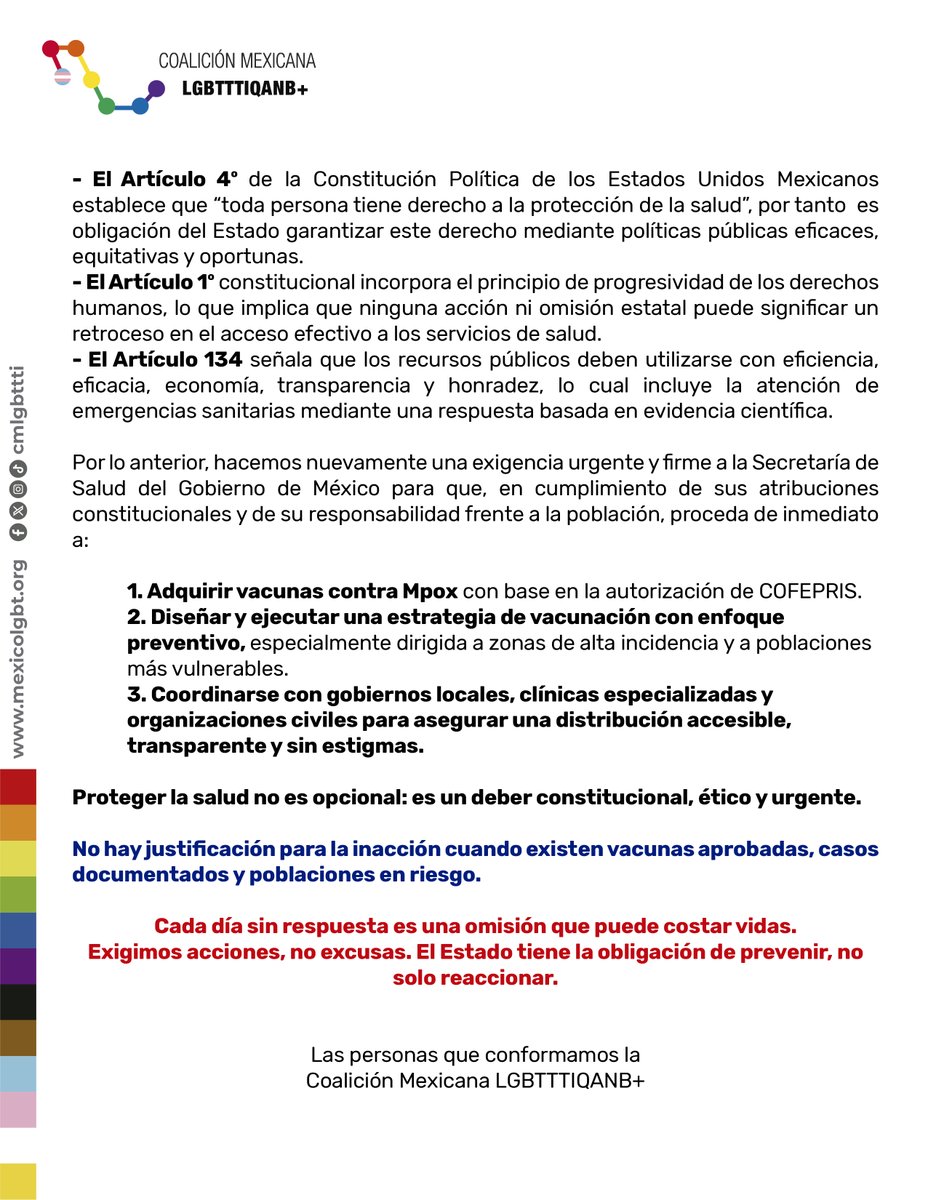 cmlgbttti's tweet photo. 🔴 URGENTE: Exigimos a @SSalud_mx y al Dr. David Kershenobich la adquisición inmediata de vacunas contra #Mpox.
La vacuna JYNNEOS ya está aprobada por @COFEPRIS. Cada día sin respuesta es una omisión que puede costar vidas.
#VacunaMpox #SaludPública https://t.co/JMfbL5YC84